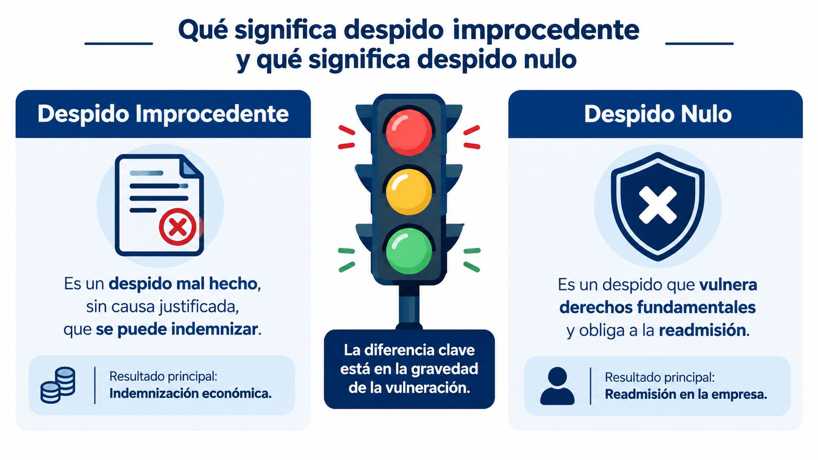Infografía comparativa que explica las diferencias principales entre un despido improcedente y un despido nulo.