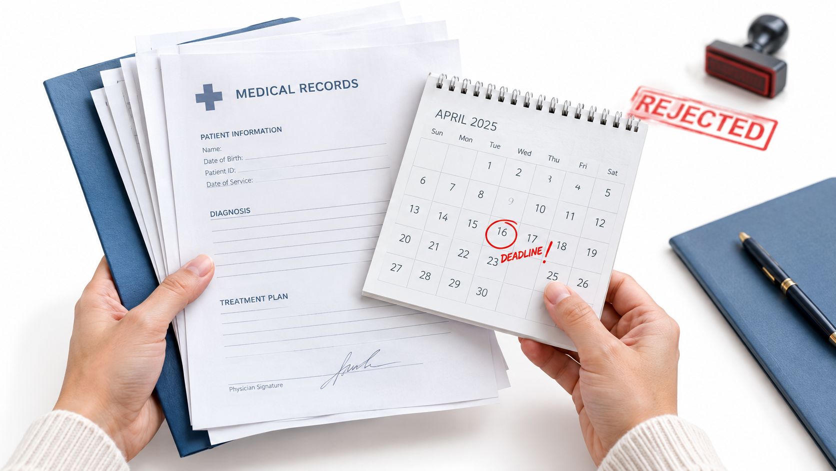 Una persona sostiene expedientes médicos y un calendario con el 16 de abril marcado como fecha límite.