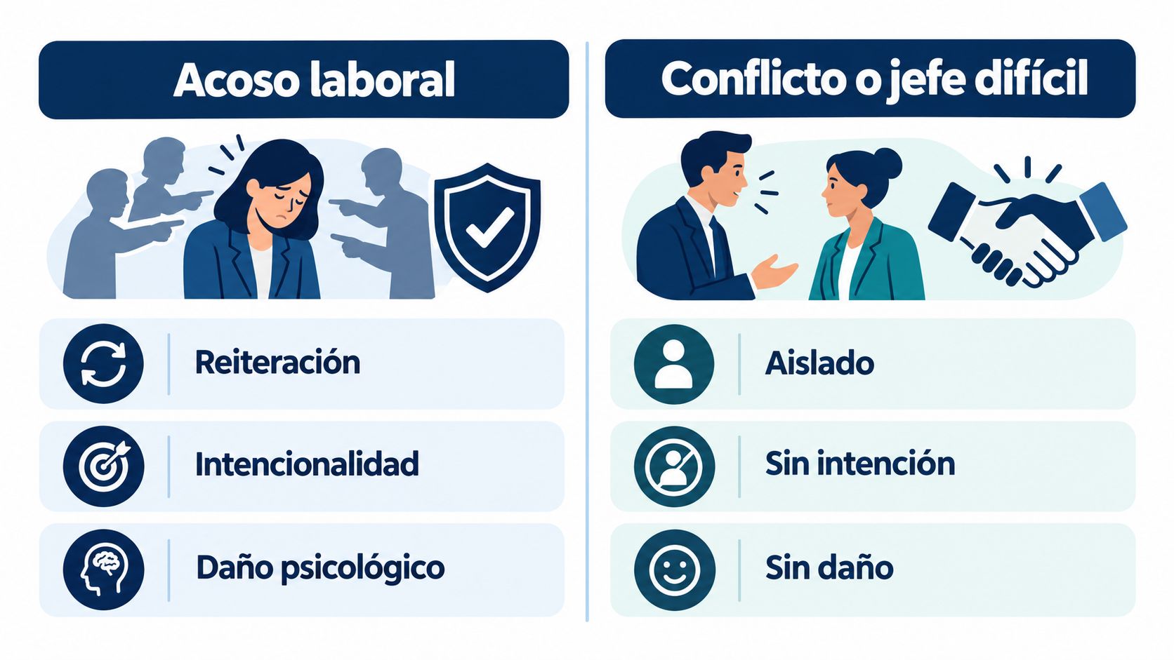 Comparativa visual entre el acoso laboral y el conflicto con un jefe difícil en el trabajo.