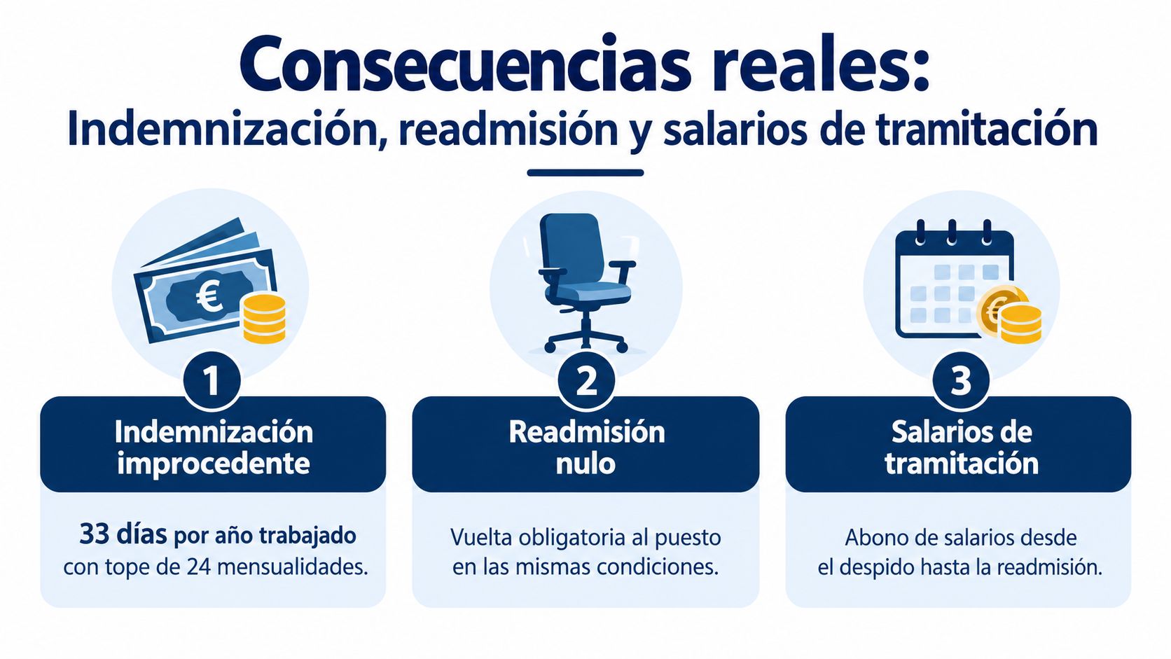 Infografía sobre las consecuencias legales de un despido, incluyendo indemnización, readmisión y salarios de tramitación obligatorios.