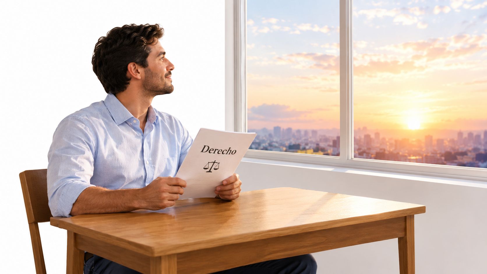 Un hombre profesional mirando por la ventana con documentos legales sobre derecho mientras trabaja en su oficina.