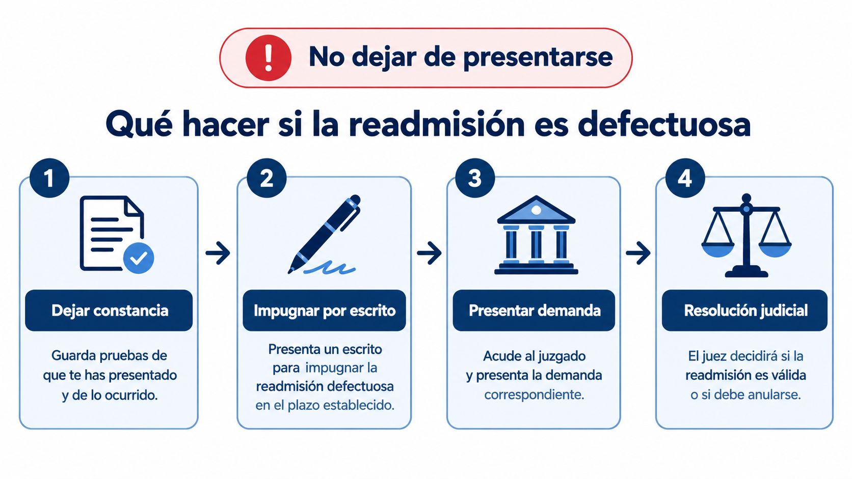 Infografía paso a paso sobre qué hacer si la readmisión laboral es defectuosa para trabajadores.