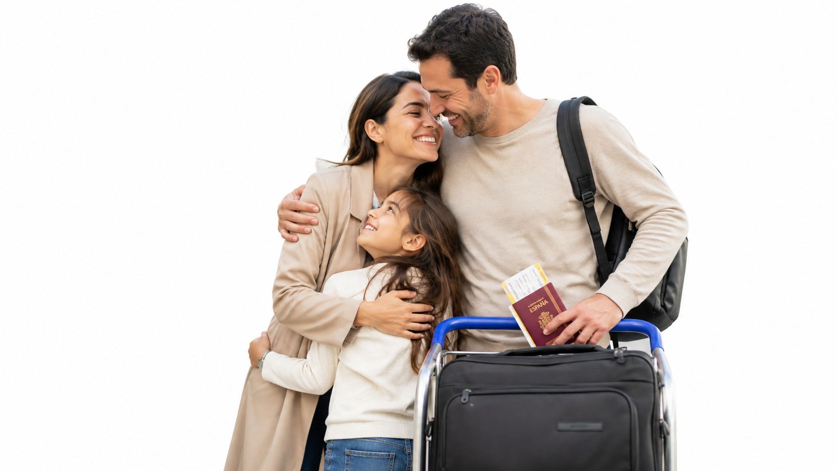 Familia feliz abrazada en el aeropuerto preparándose para viajar con sus pasaportes y una maleta