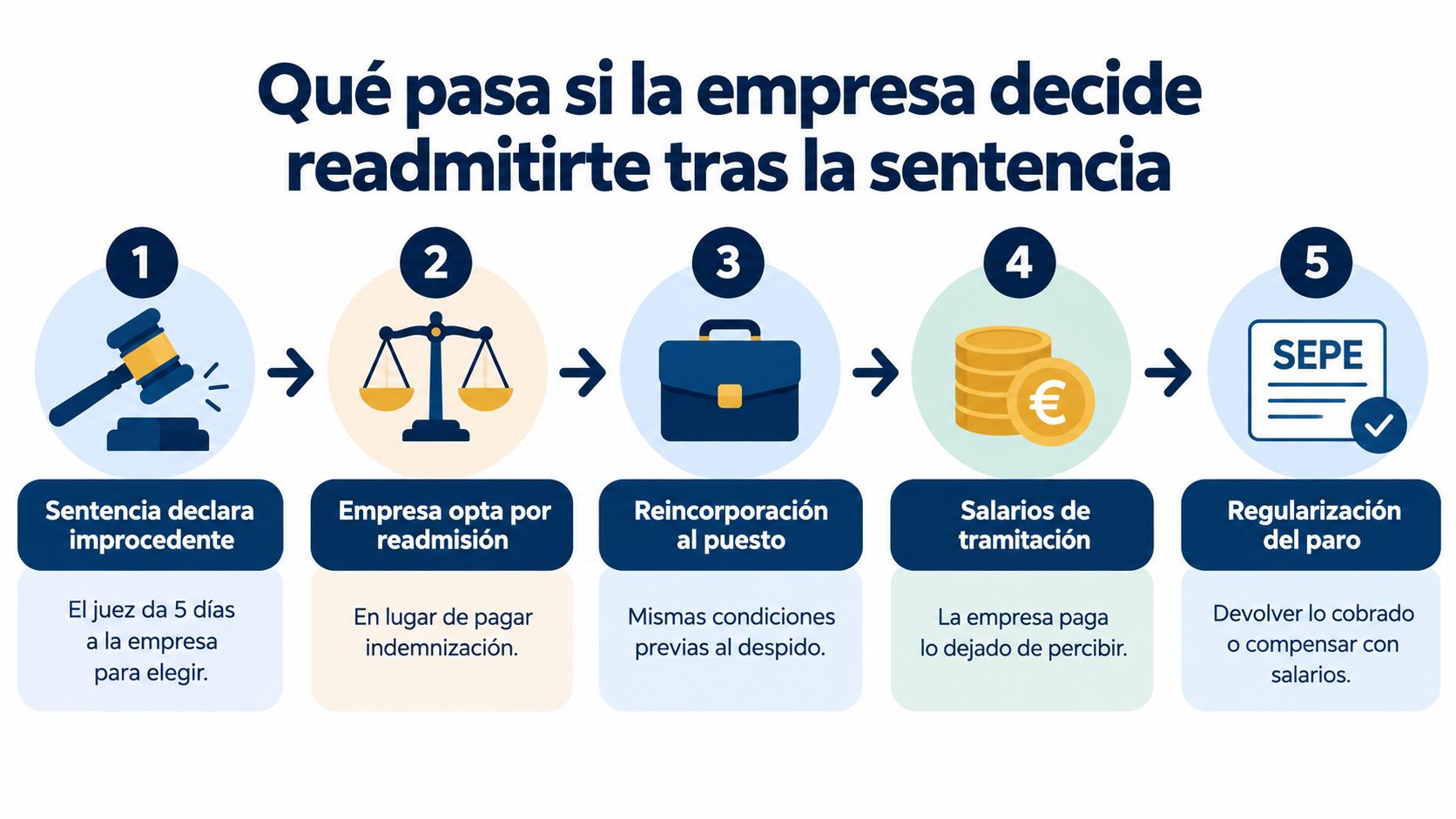 Infografía que explica los pasos a seguir si una empresa decide readmitir al trabajador tras un despido improcedente.