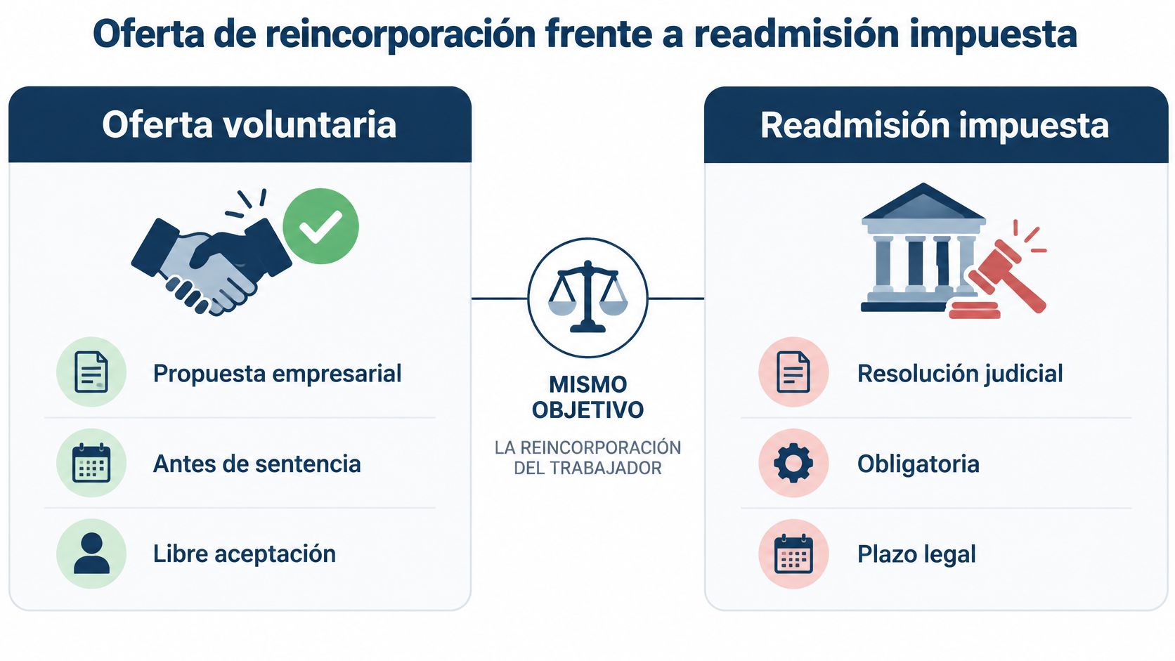 Comparativa entre oferta voluntaria de empleo y readmisión judicial impuesta para la vuelta del trabajador a la empresa.