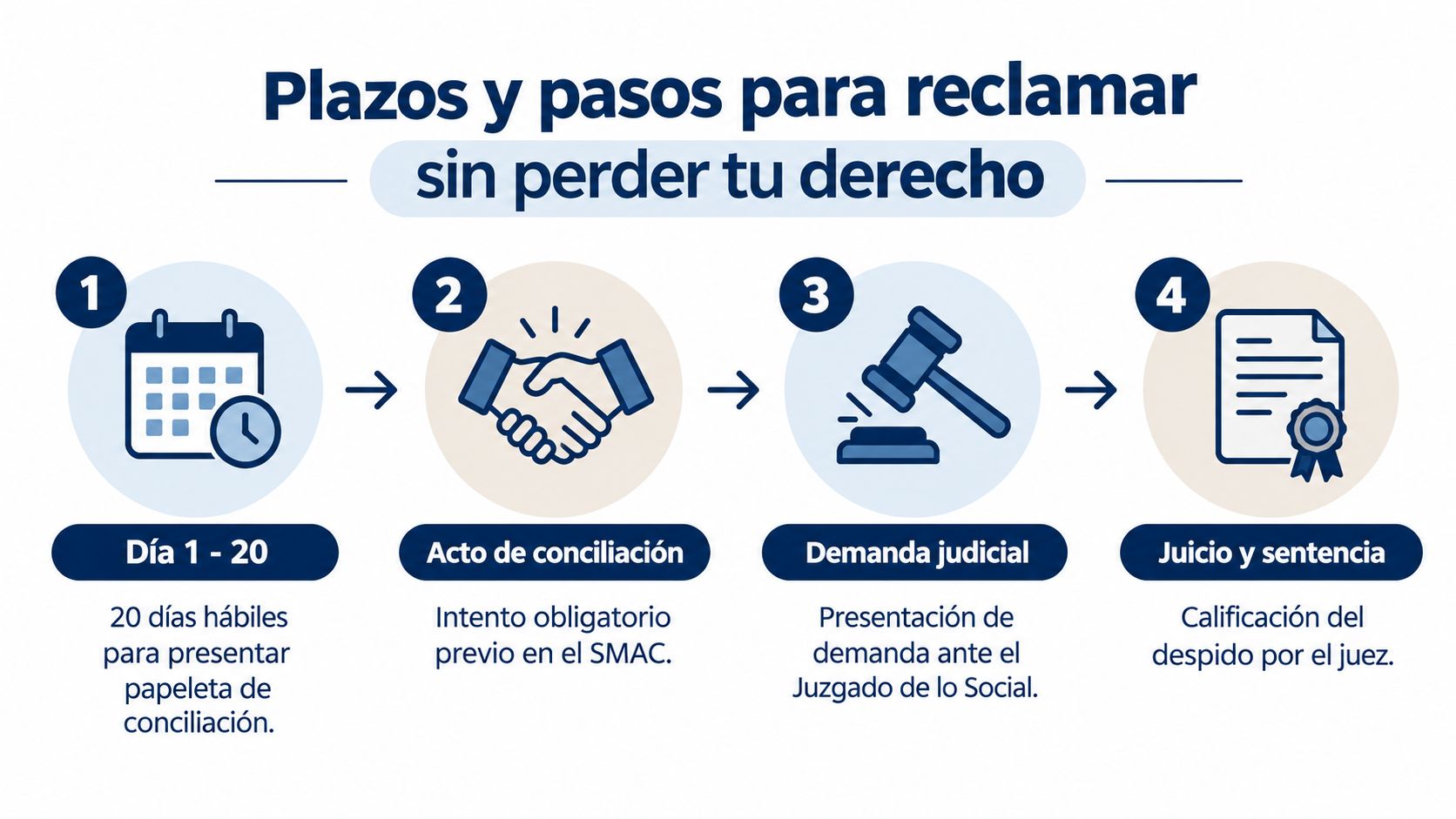 Infografía mostrando los cuatro pasos esenciales y plazos legales para reclamar ante un despido laboral injustificado.