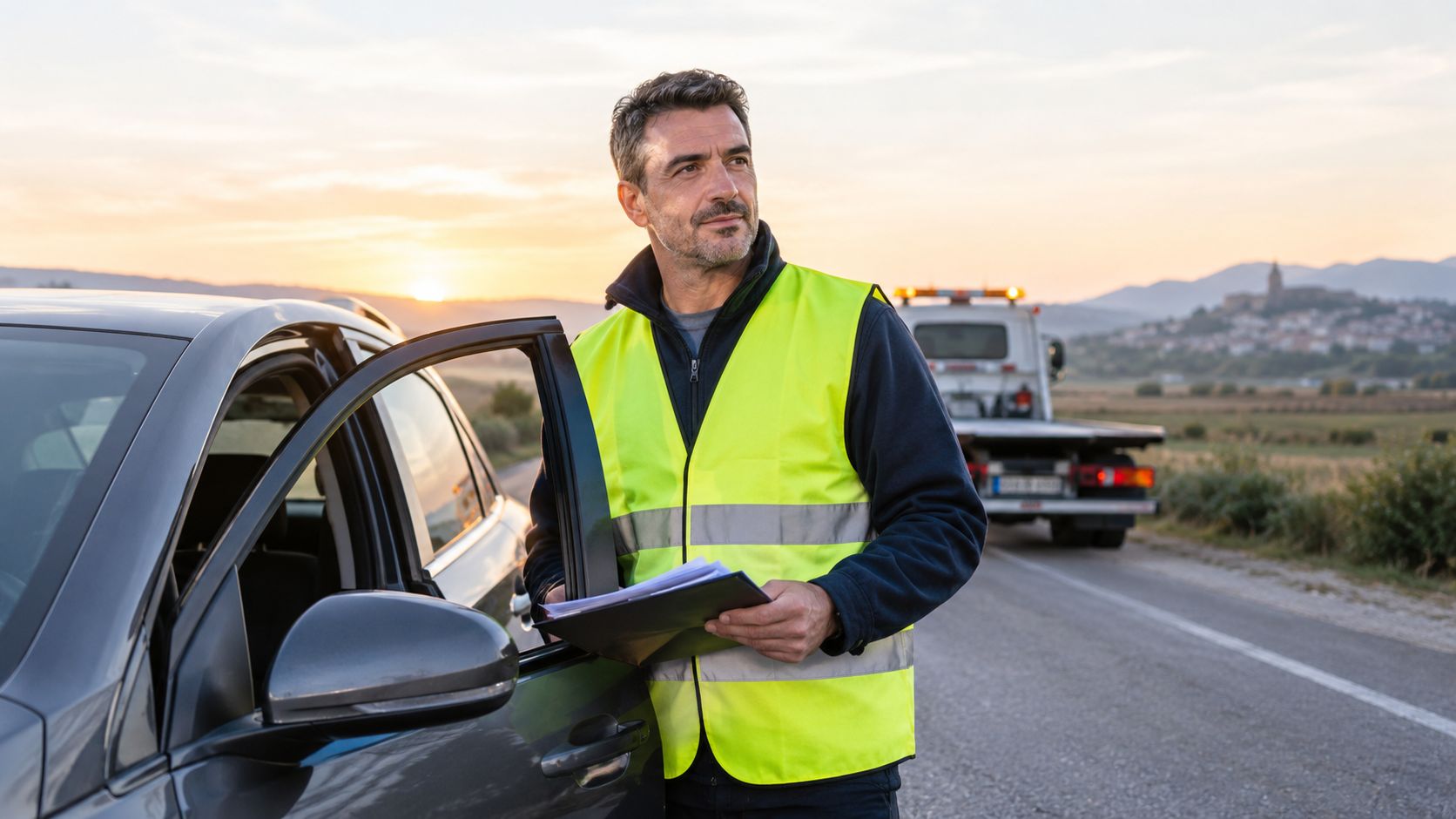Un profesional de asistencia en carretera con chaleco reflectante sostiene documentos cerca de un coche averiado.