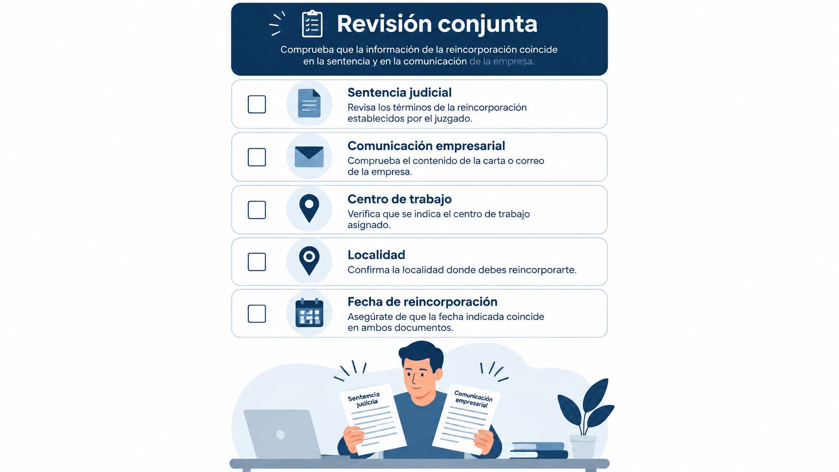 Ilustración con lista de verificación para comparar los detalles de una sentencia judicial y una comunicación empresarial.
