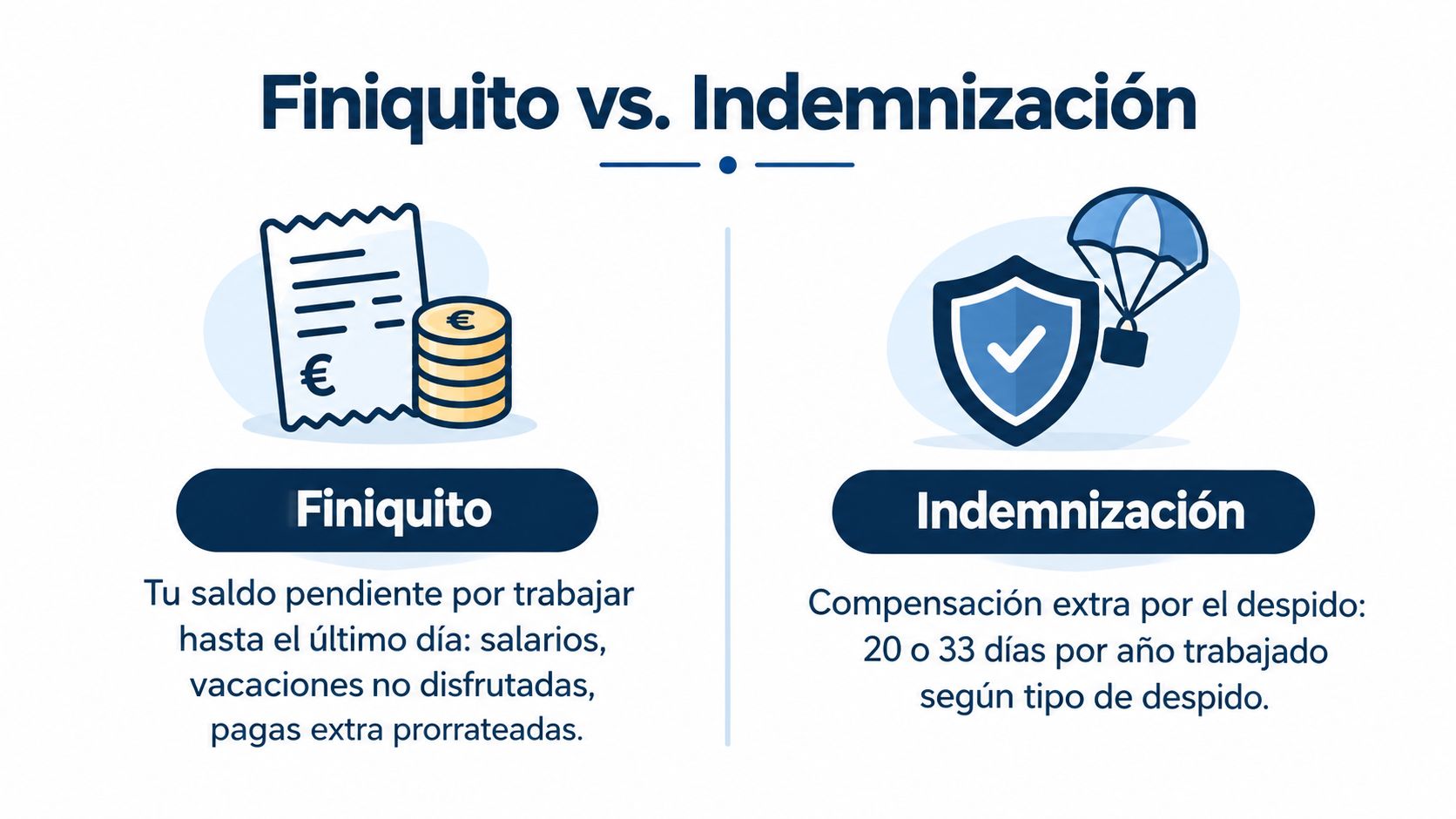 Infografía comparativa que explica la diferencia entre finiquito e indemnización en el ámbito laboral español.