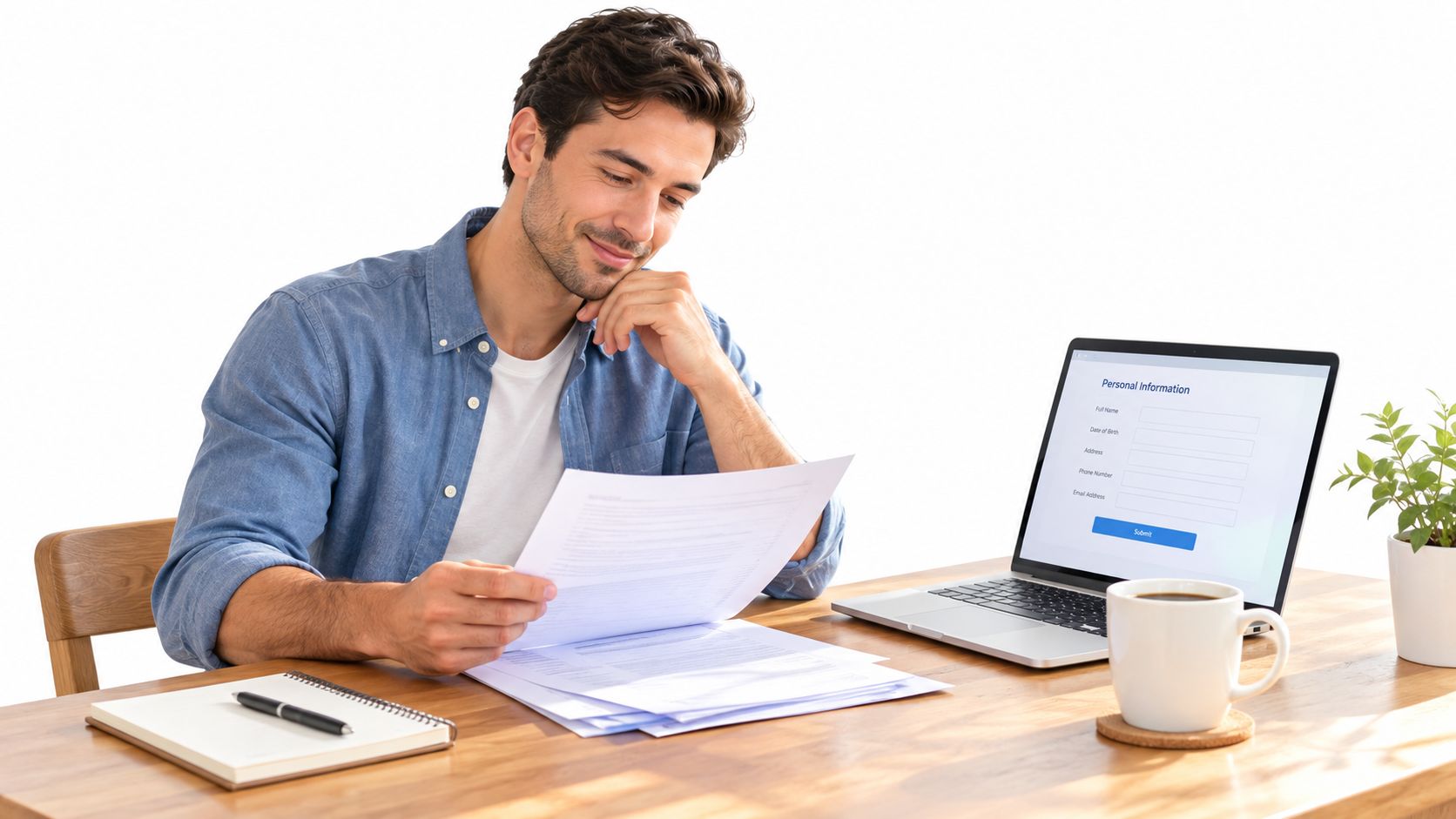 Un hombre joven sonriente sentado a una mesa revisando documentos oficiales y trabajando en su computadora portátil.