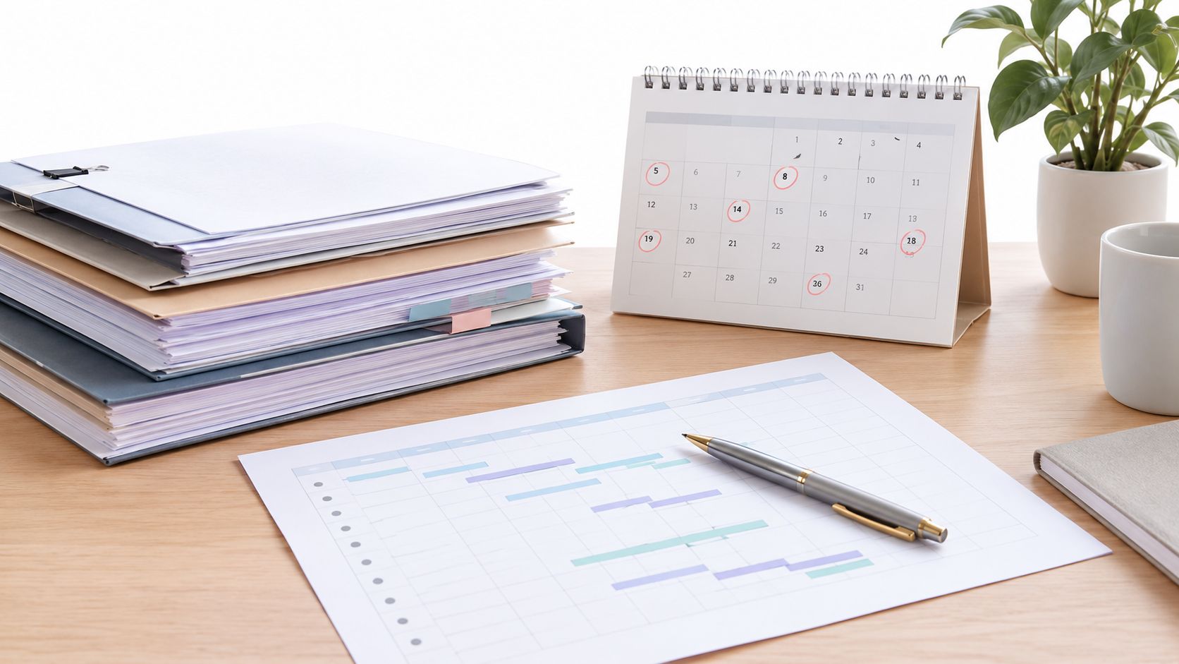 Escritorio de oficina con documentos, un calendario marcado, una hoja de planificación de proyectos y bolígrafo.