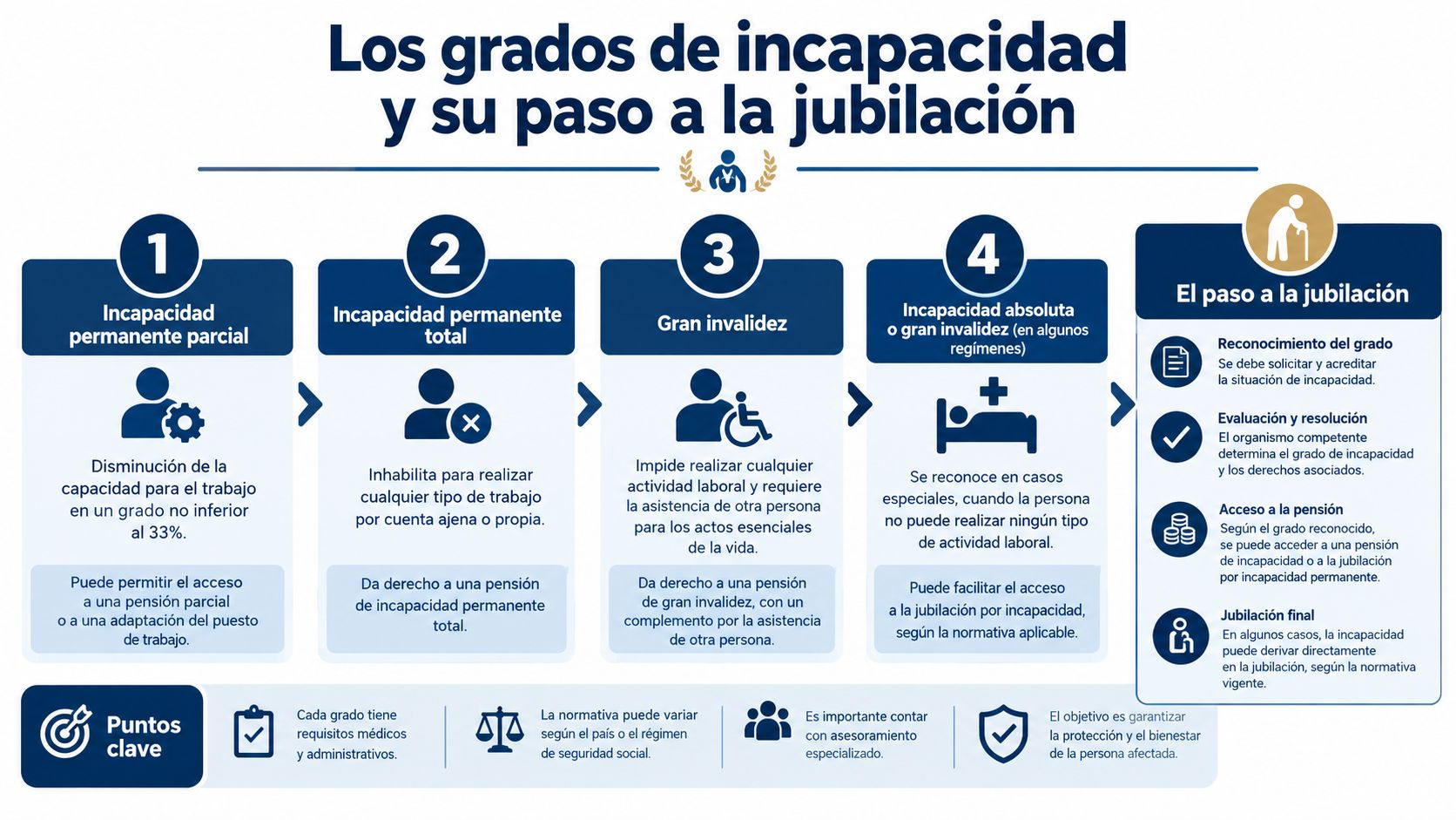 Infografía sobre los grados de incapacidad laboral y su proceso hacia la jubilación según la normativa vigente.