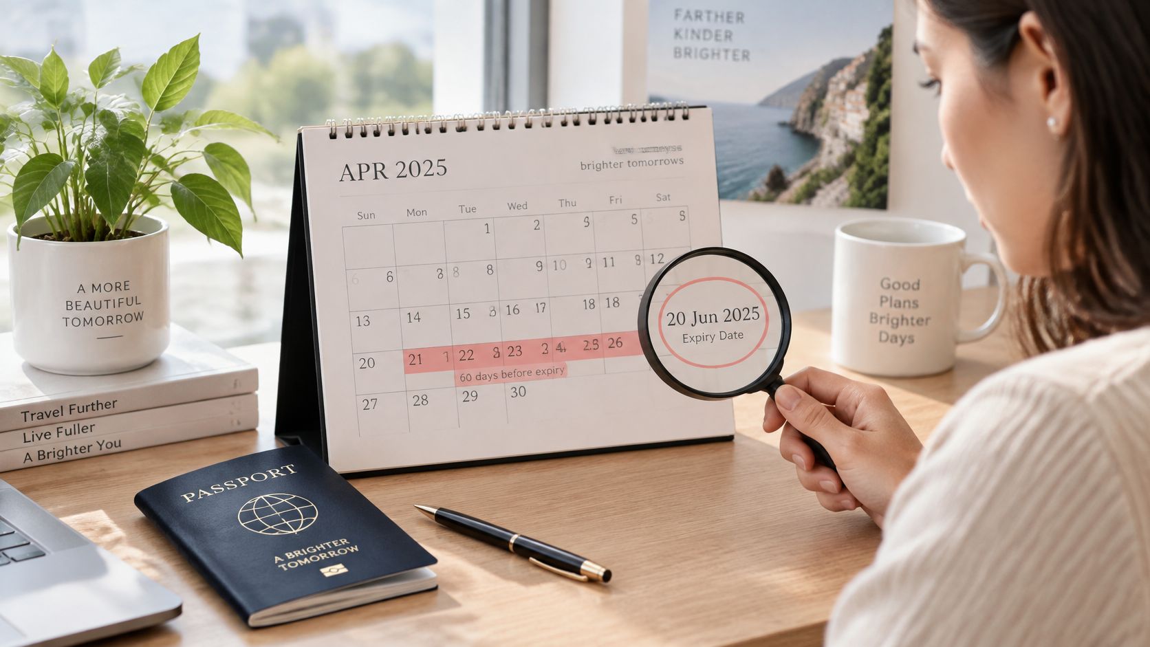 Una mujer revisa la fecha de vencimiento de su pasaporte usando una lupa sobre un calendario.