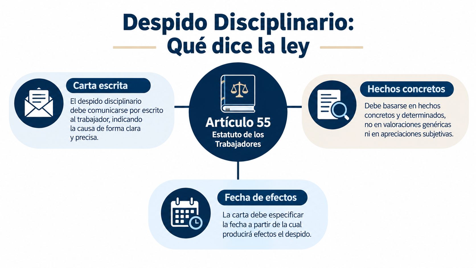 Infografía sobre el artículo 55 del Estatuto de los Trabajadores respecto a los requisitos del despido disciplinario.