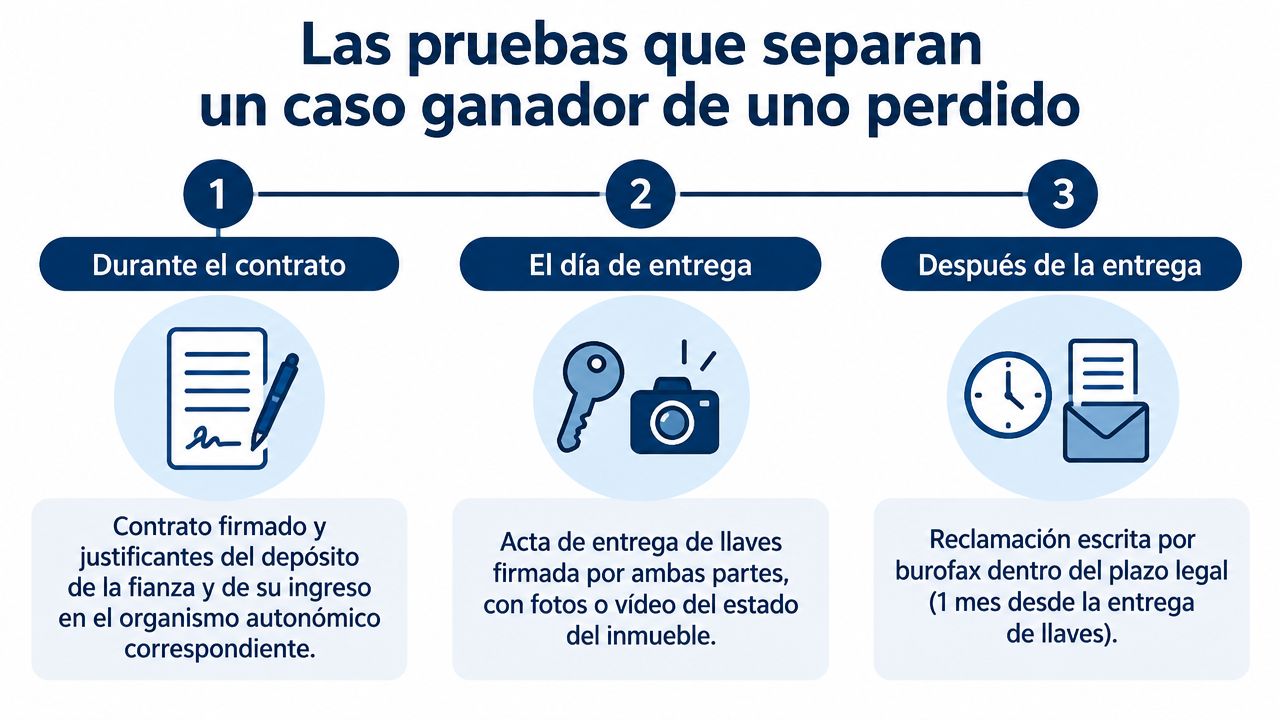 Infografía sobre pruebas legales clave para recuperar la fianza de alquiler dividida en tres etapas esenciales.