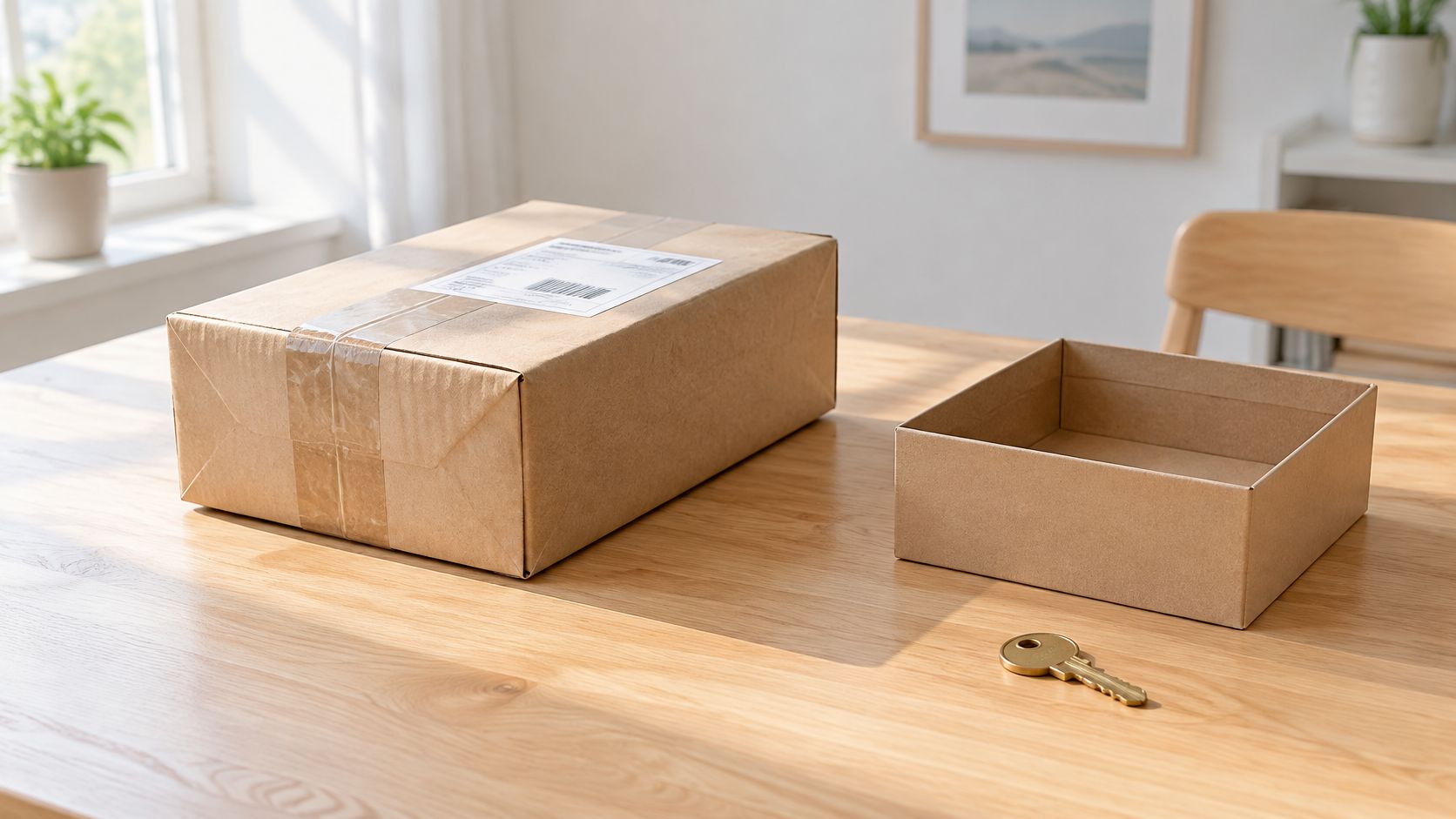 Una caja cerrada de cartón, una base de caja abierta y una llave sobre una mesa madera.