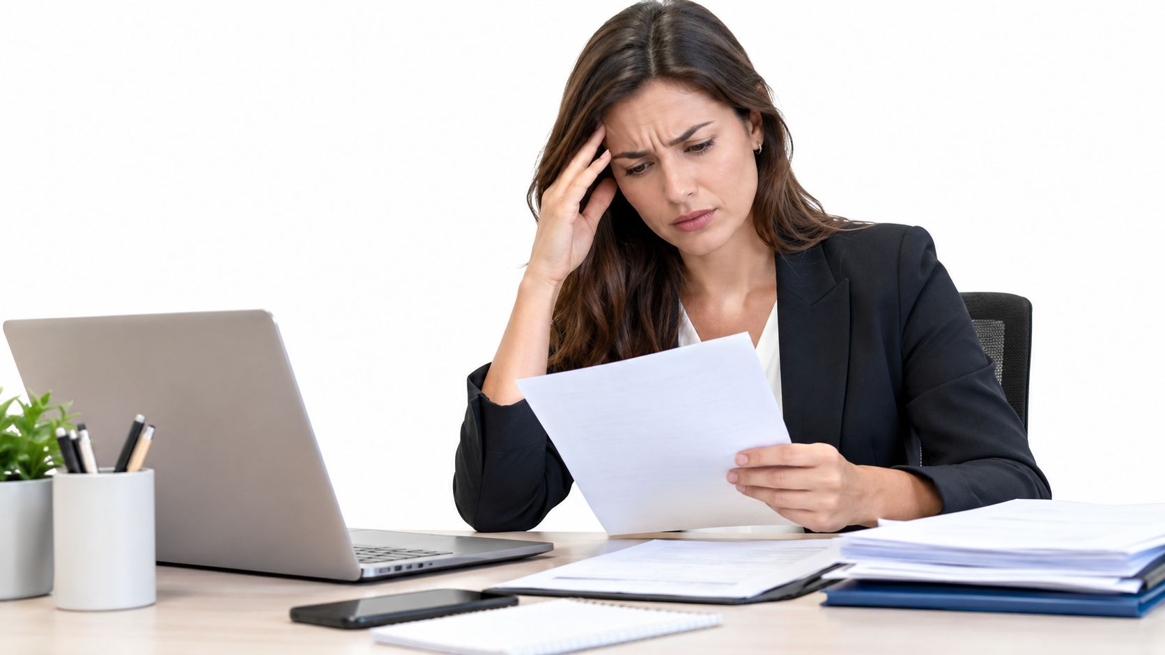 Mujer profesional en su oficina mirando con preocupación una carta formal de despido disciplinario sobre el escritorio