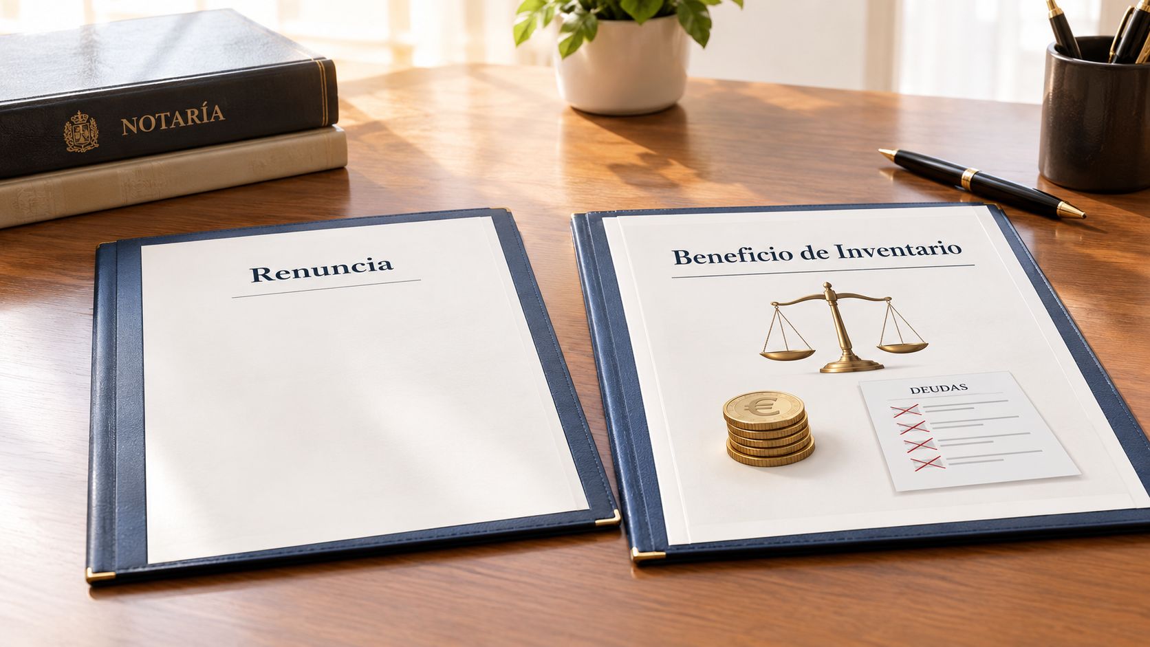 Documentos legales sobre una mesa de madera sobre la renuncia a la herencia y beneficio de inventario.