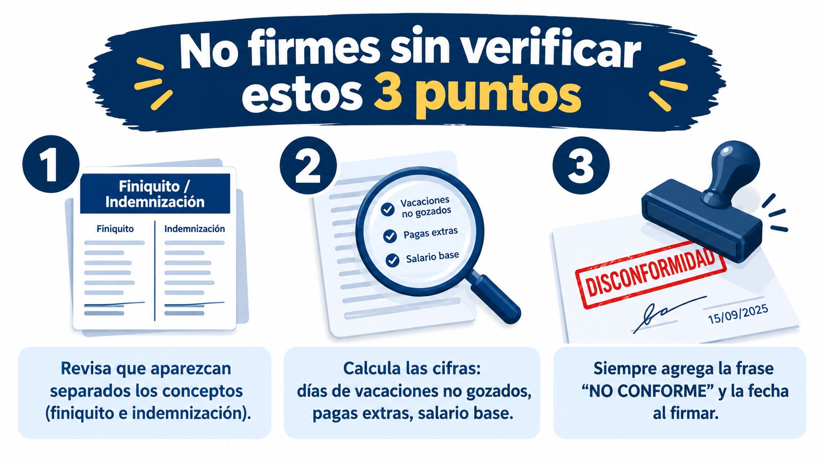 Infografía sobre qué verificar en documentos laborales antes de firmar finiquitos o indemnizaciones con tres consejos importantes.