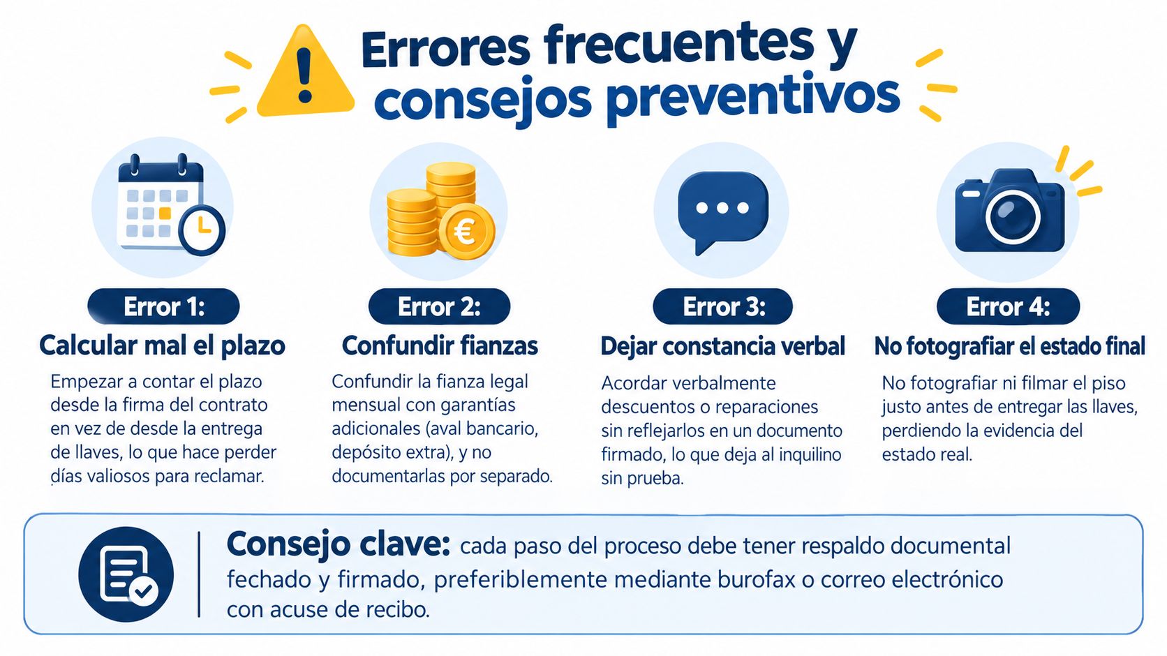 Infografía sobre errores frecuentes al alquilar y consejos preventivos para la recuperación de fianza y documentación.