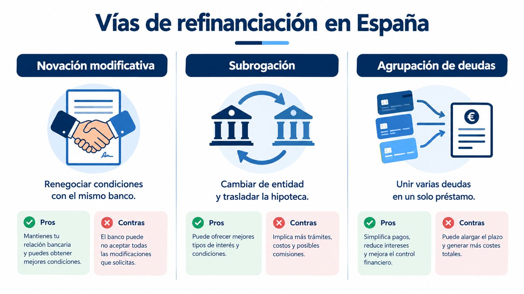 Infografía sobre las tres principales vías de refinanciación de deudas o hipotecas disponibles en España actualmente.