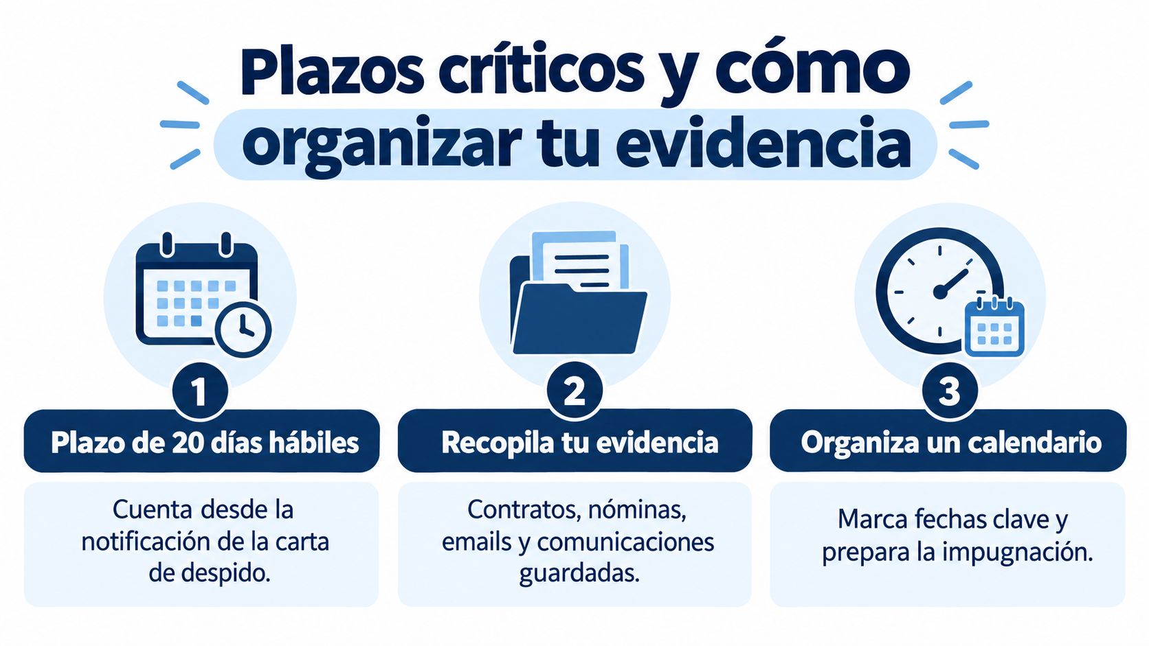 Infografía sobre los plazos legales y la organización de pruebas para una impugnación de despido laboral.