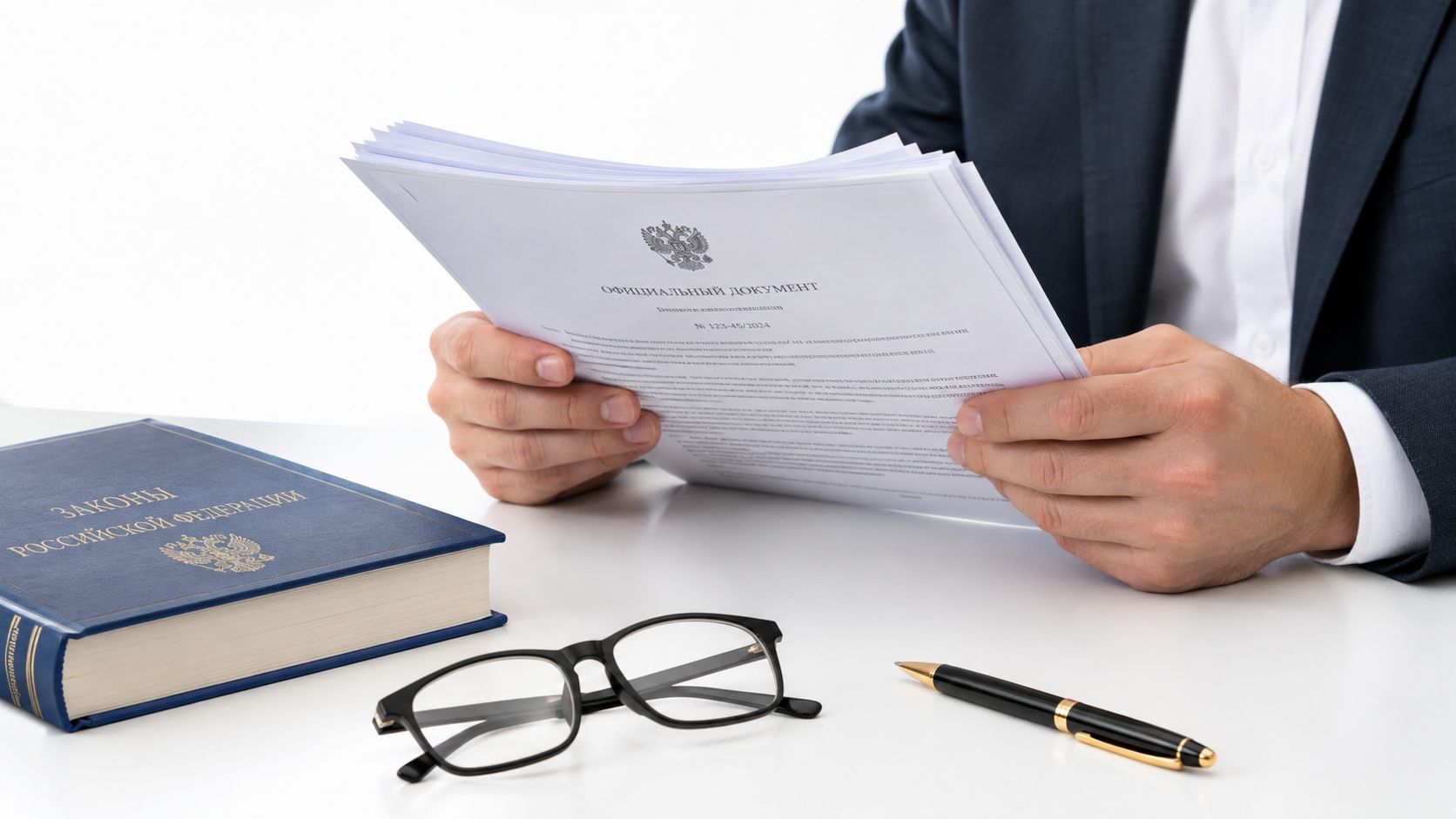 Un hombre con traje revisando documentos oficiales con un libro de leyes rusas y anteojos sobre la mesa