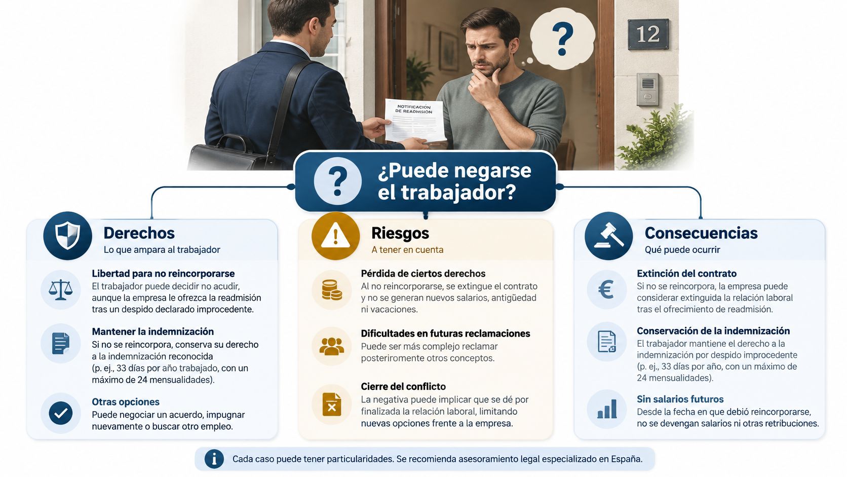 Infografía sobre si un trabajador puede negarse a la readmisión tras un despido improcedente en España.