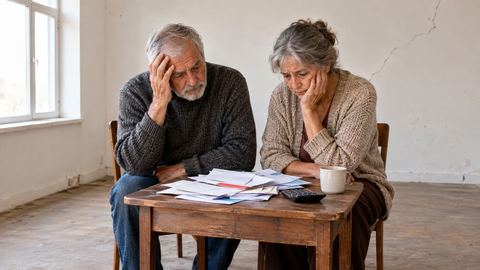 Pareja de ancianos preocupada sentada ante una mesa con documentos financieros, sintiéndose estresada por las deudas económicas.