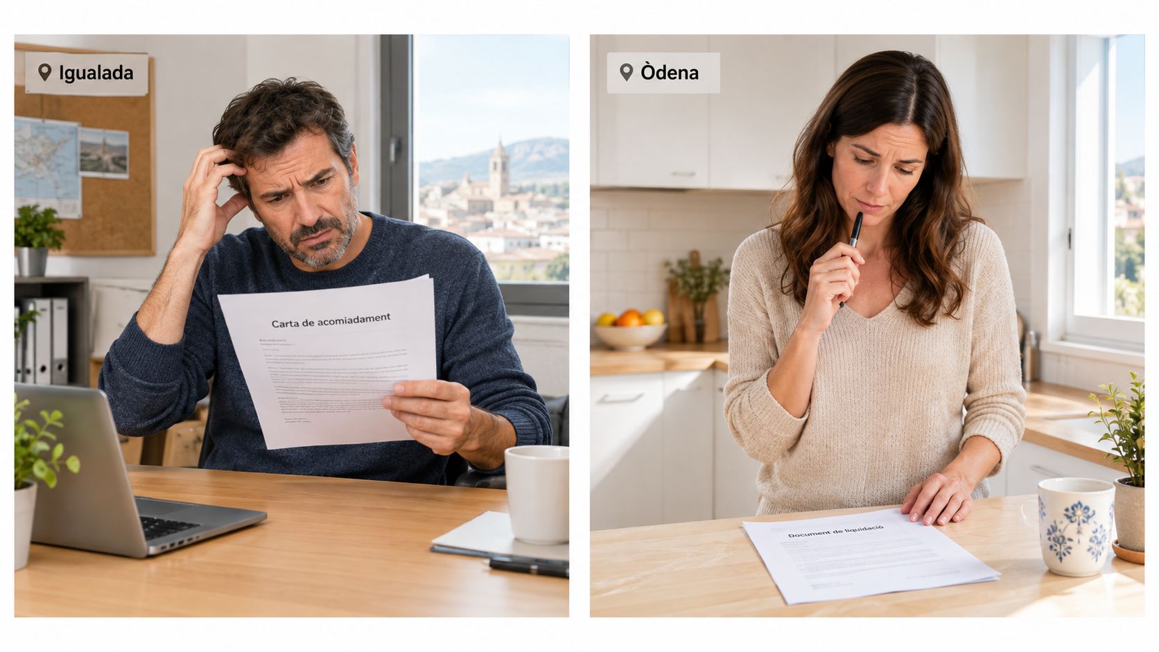 Dos personas sentadas en sus escritorios revisando documentos legales relacionados con su situación laboral reciente y despido.
