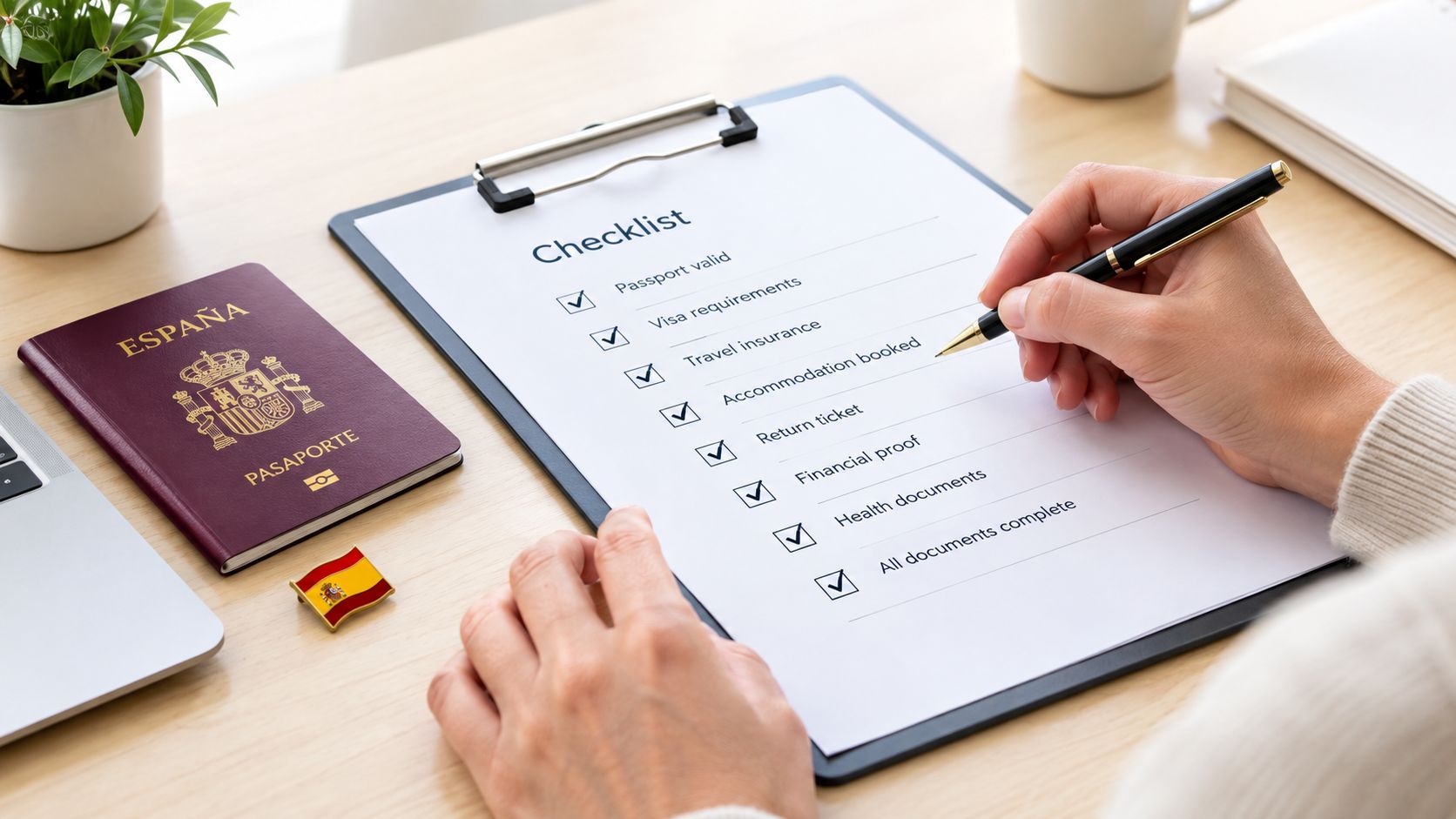 Persona revisando una lista de verificación de viaje con un pasaporte español y una bandera de España.