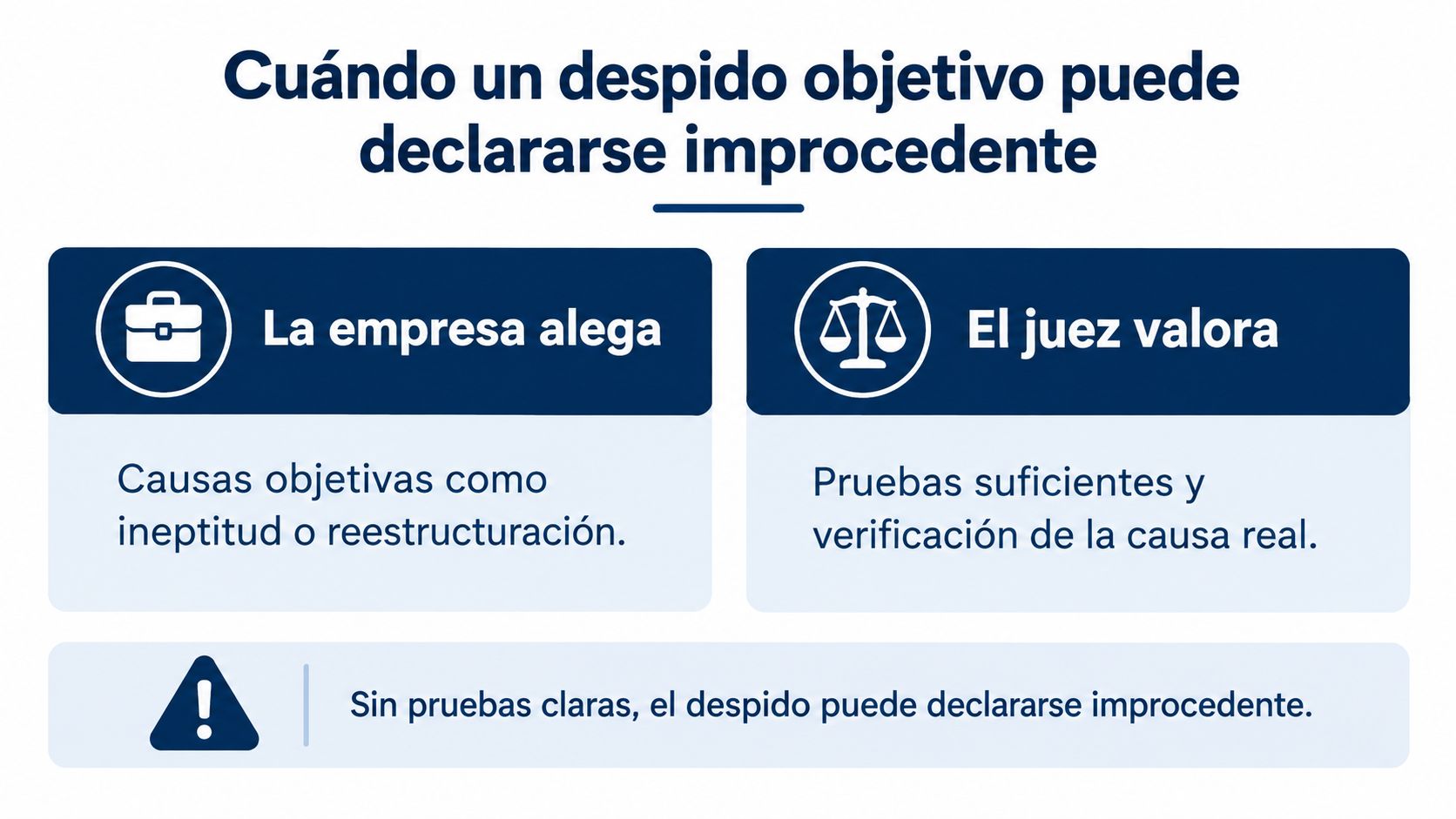 Infografía sobre cuándo un despido objetivo puede declararse improcedente por falta de pruebas y verificación judicial.