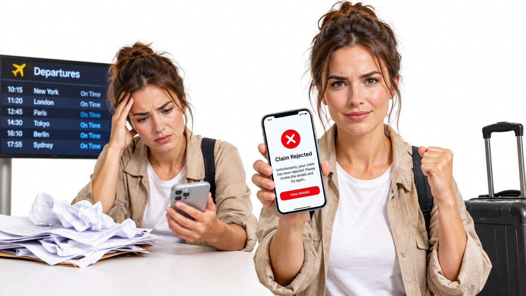 Una mujer estresada frente a una pantalla de vuelos y una reclamación de vuelo rechazada en su celular.