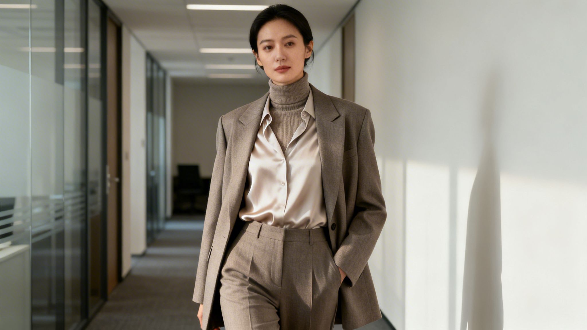 A stylish woman in a neutral-toned blazer and turtleneck walks in a modern office hallway.