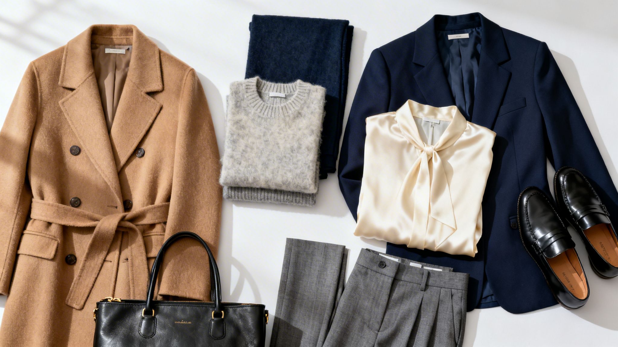 A flat lay of stylish women's winter work clothes including a camel coat and navy blazer.