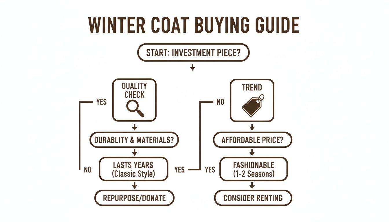 A flowchart titled 'Winter Coat Buying Guide' detailing decisions for purchasing investment pieces versus trendy coats.