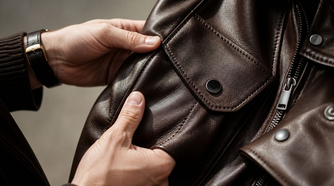 A close up view of a person's hands holding and examining a high-quality brown leather coat jacket.