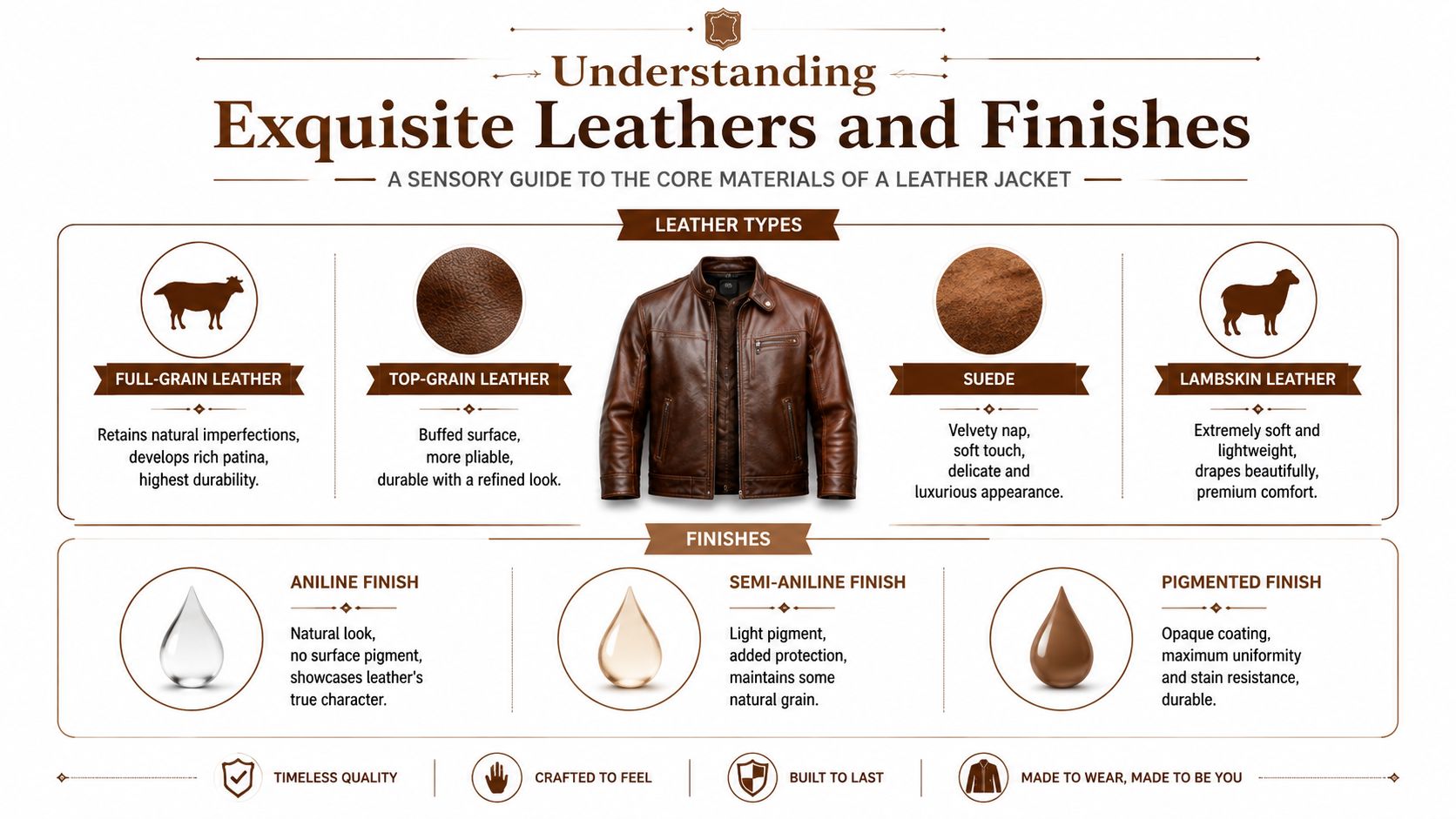 An infographic detailing various types of leather and finishes used in crafting high-quality leather jackets.