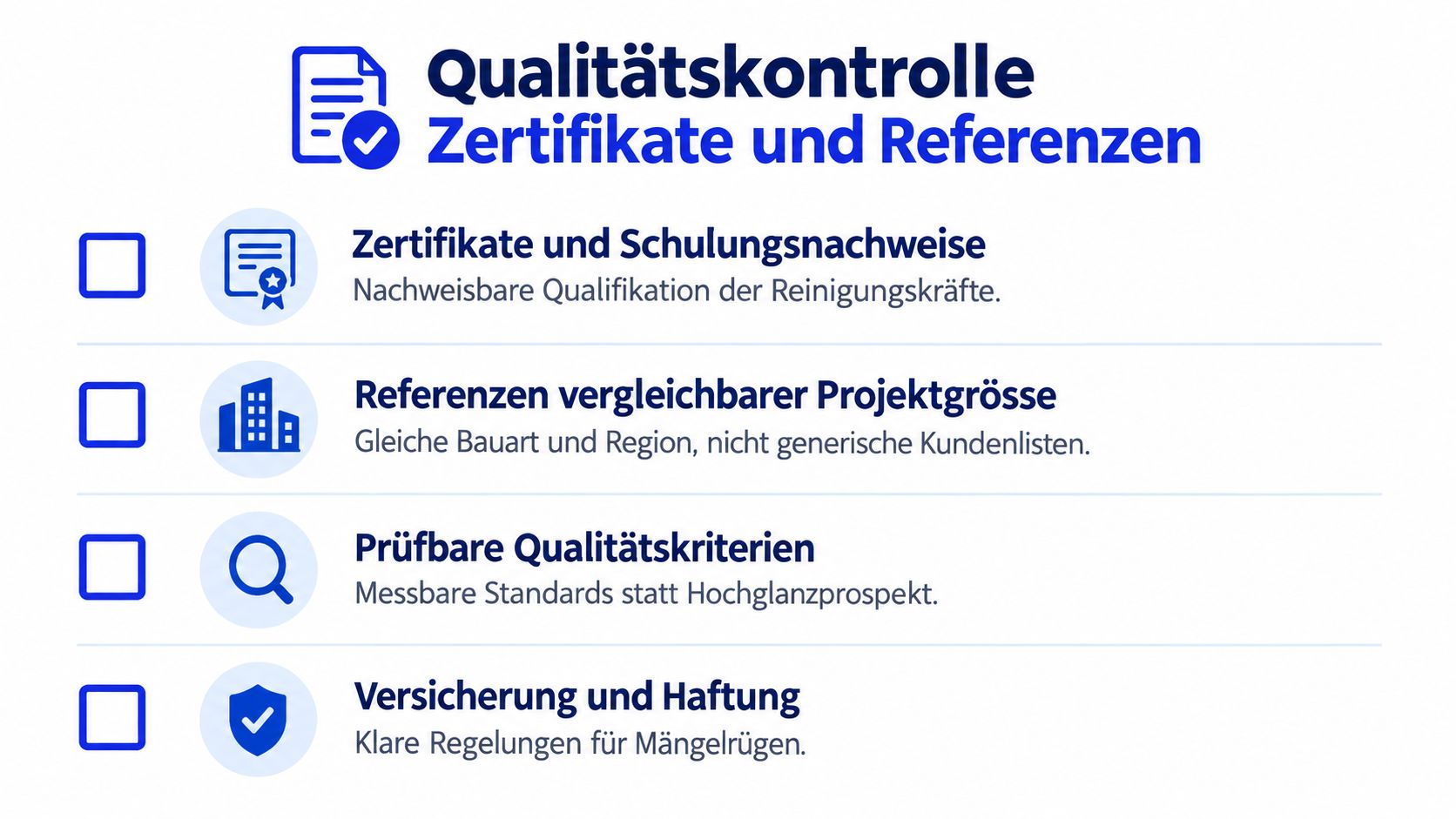 Eine Checkliste zur Qualitätskontrolle für professionelle Reinigungsdienste, inklusive Zertifikaten, Referenzen, Prüfkriterien sowie Informationen zu Versicherung und Haftung.