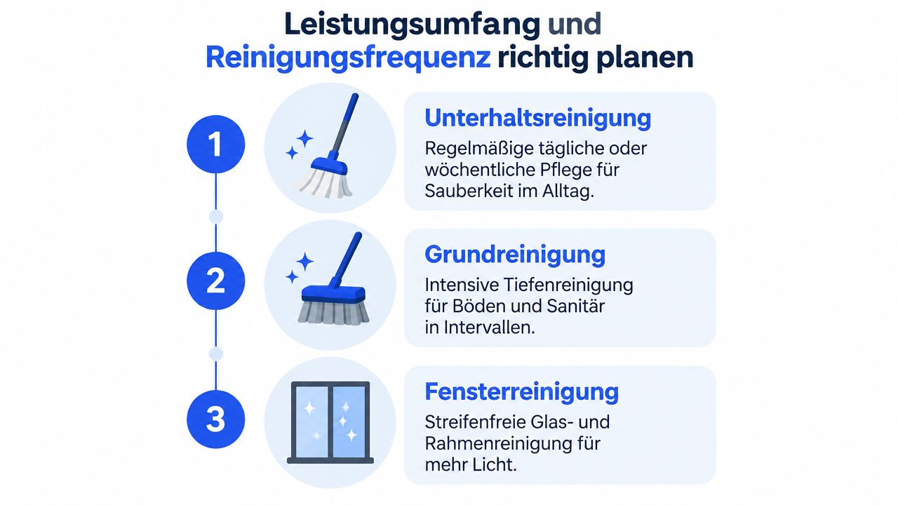 Eine Infografik zur Planung von Reinigungsumfang und Reinigungsfrequenz für Büros in drei Kategorien: Unterhalts-, Grund- und Fensterreinigung.