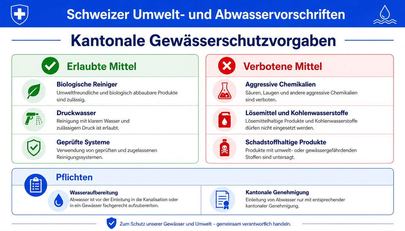 Infografik über schweizerische Umwelt- und Abwasservorschriften für die Reinigung, unterteilt in erlaubte Mittel, verbotene Mittel und gesetzliche Pflichten.