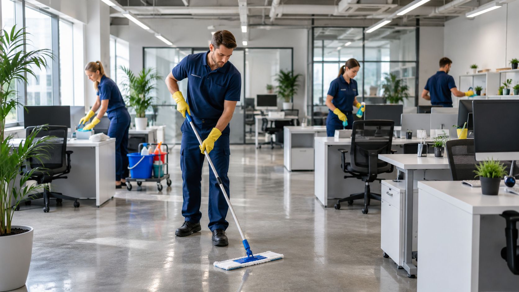 Ein professionelles Reinigungsteam in blauen Uniformen reinigt gründlich ein modernes und helles Büro mit speziellen Putzmitteln.
