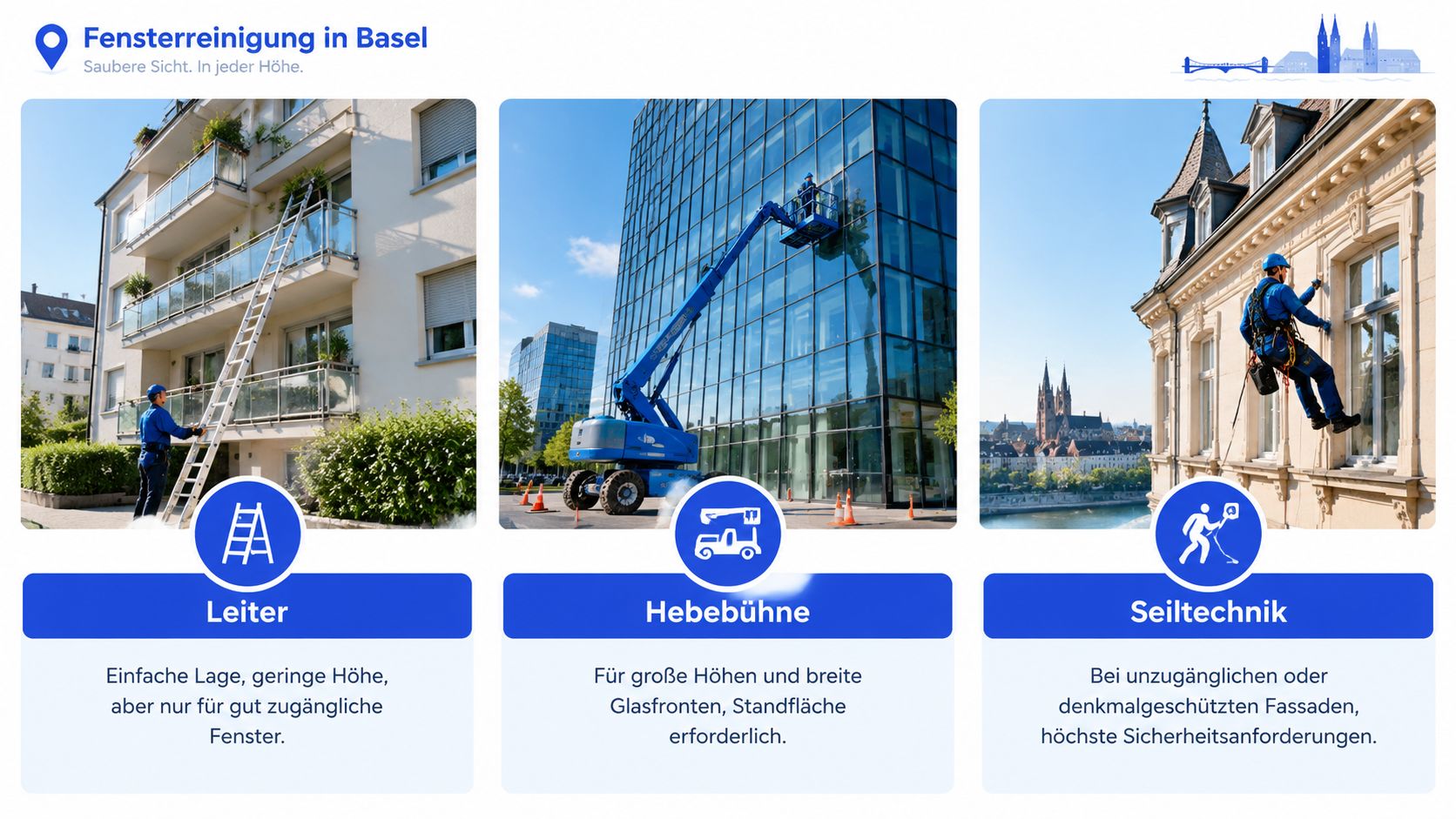 Professionelle Fensterreinigung in Basel mit verschiedenen Arbeitsmethoden wie Leiter, Hebebühne und moderner Seiltechnik für jede Fassade.