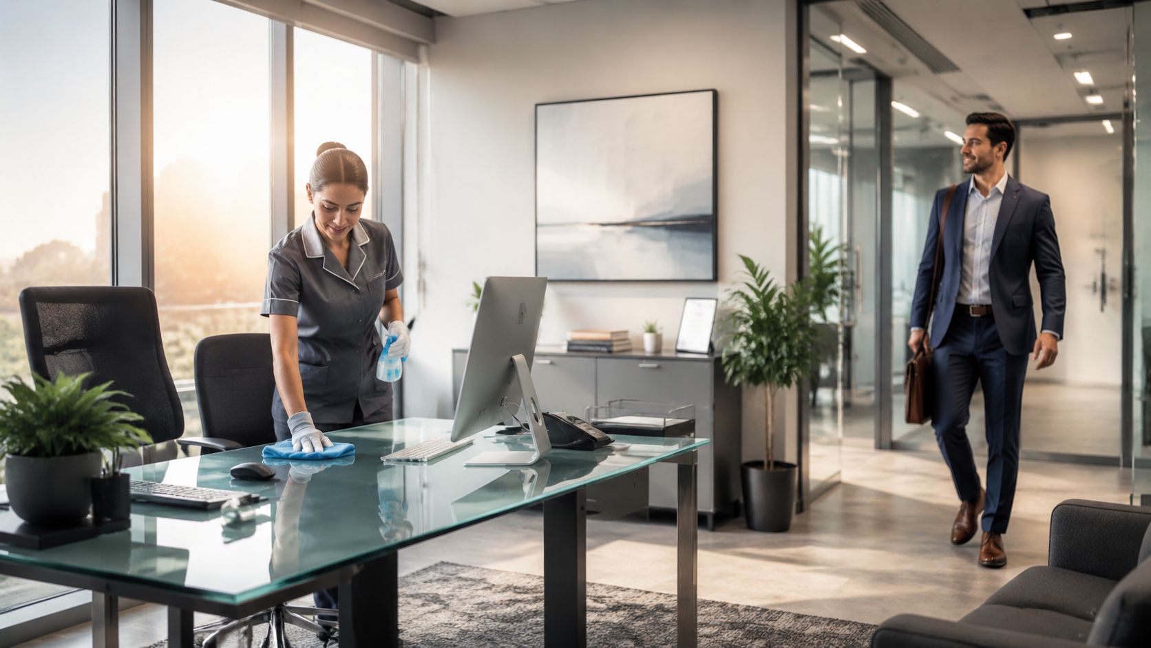 Eine Reinigungskraft putzt einen modernen Büroschreibtisch, während ein Geschäftsmann im Hintergrund durch das Büro läuft.