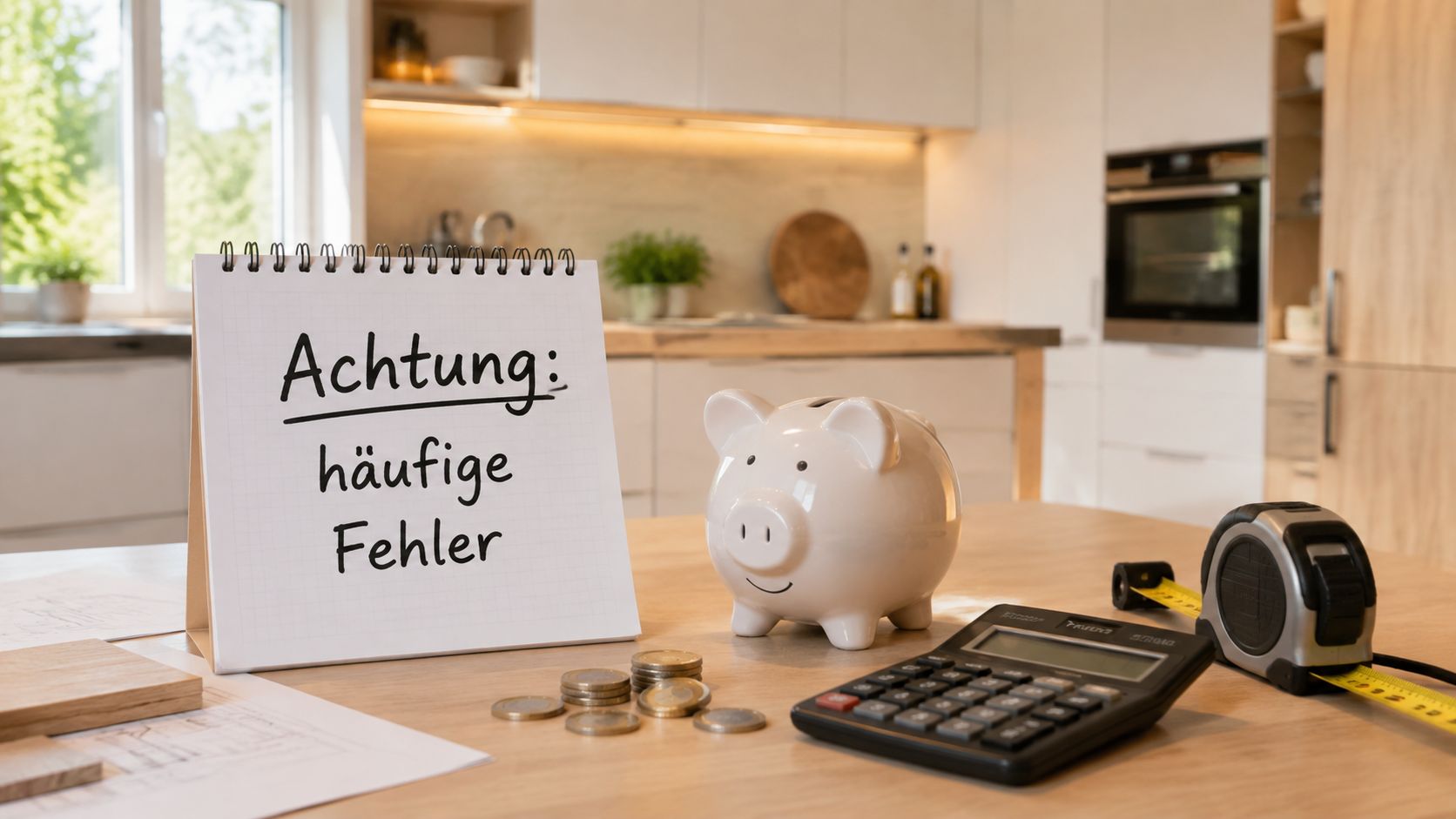 Ein Tisch mit einem Notizblock mit der Aufschrift Achtung häufige Fehler, Sparschwein, Taschenrechner und einem Maßband.