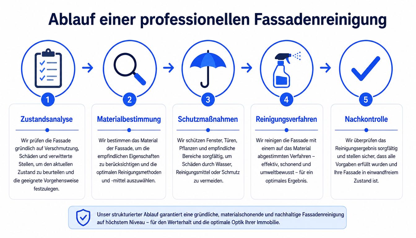 Eine Infografik zeigt den fünfstufigen Prozess einer professionellen Fassadenreinigung, von der Zustandsanalyse bis zur abschließenden Qualitätskontrolle.