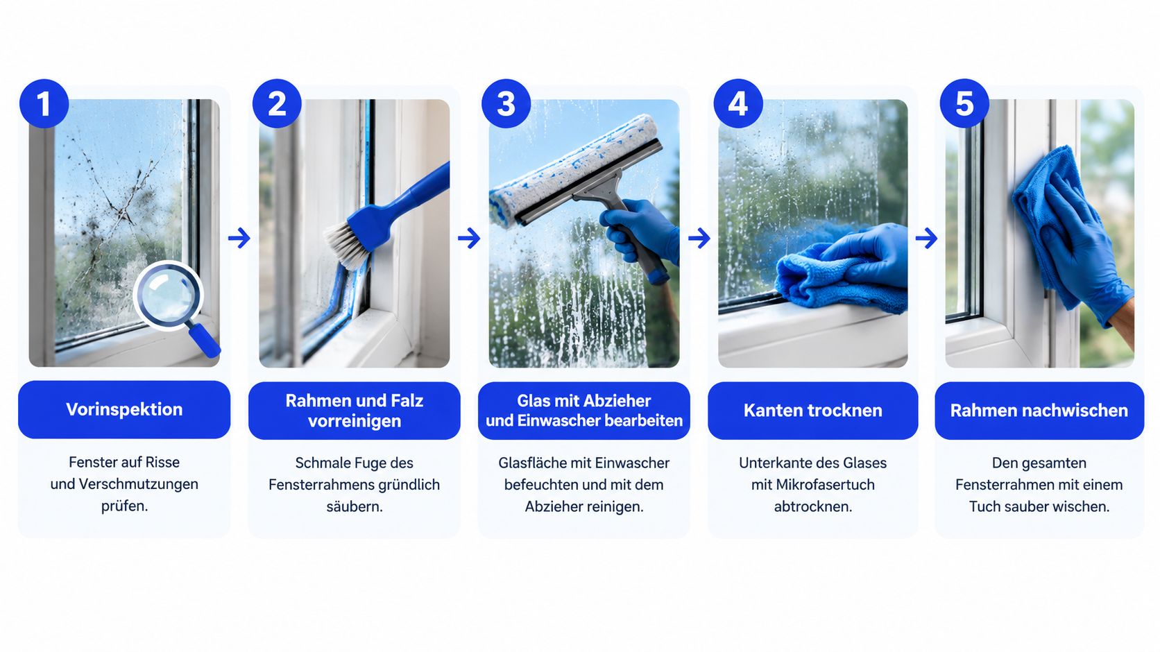 Eine Schritt-für-Schritt-Anleitung in fünf Bildern, die zeigt, wie man Fenster effektiv und fachgerecht reinigt.
