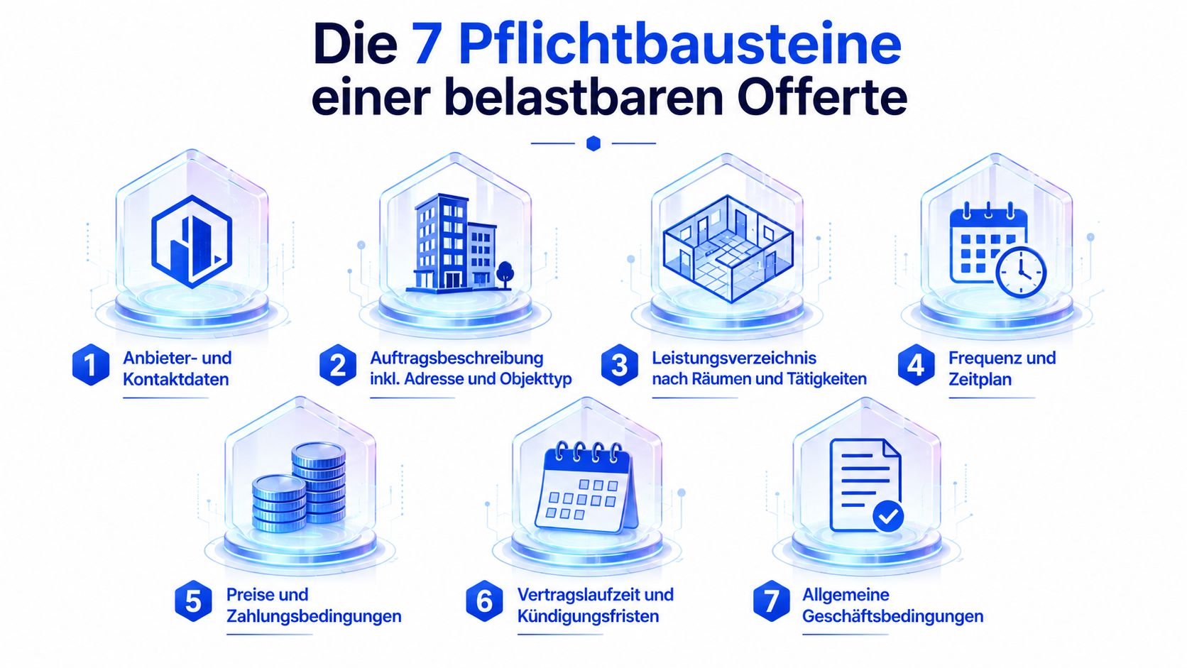 Eine Infografik mit den 7 Pflichtbausteinen für eine professionelle, rechtssichere und belastbare Reinigungs-Offerte in der Übersicht.