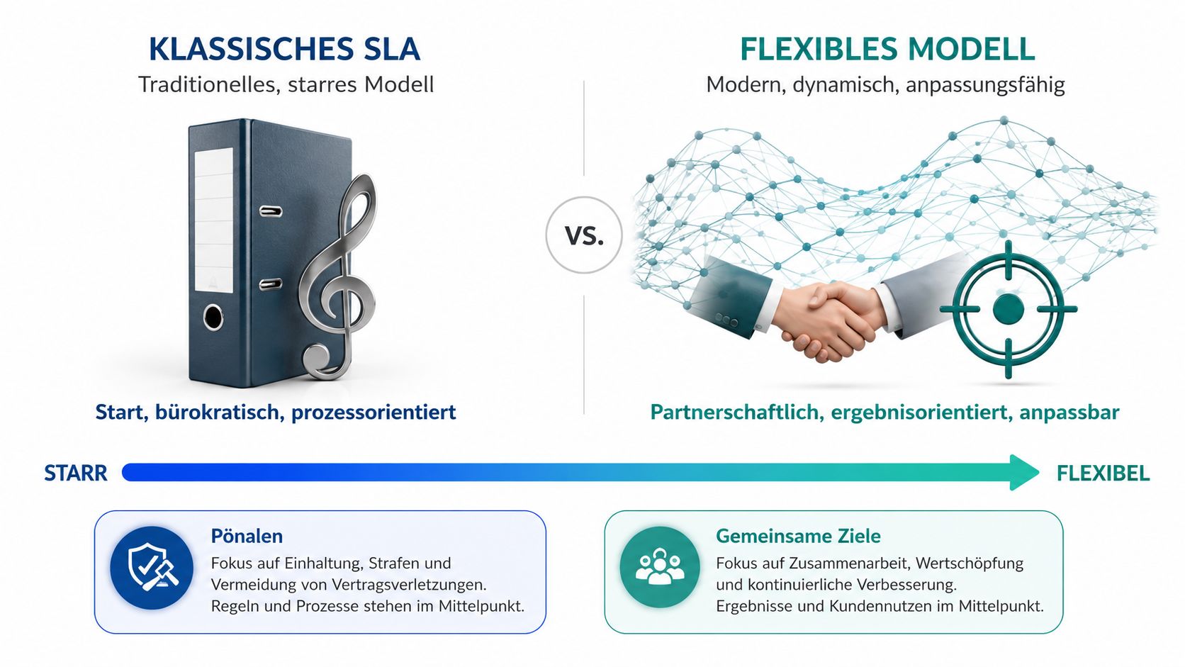 Grafischer Vergleich zwischen einem starren klassischen Service Level Agreement und einem modernen flexiblen Partnerschaftsmodell.