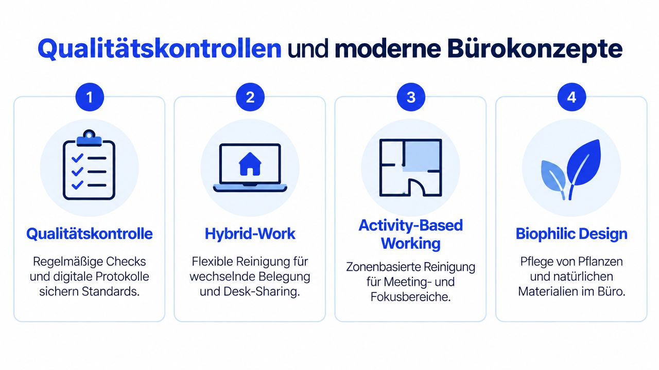 Grafik zur Büroreinigung zeigt vier Aspekte moderner Arbeitsumgebungen, darunter Qualitätskontrollen, Hybrid-Work, Activity-Based Working und Biophilic Design.
